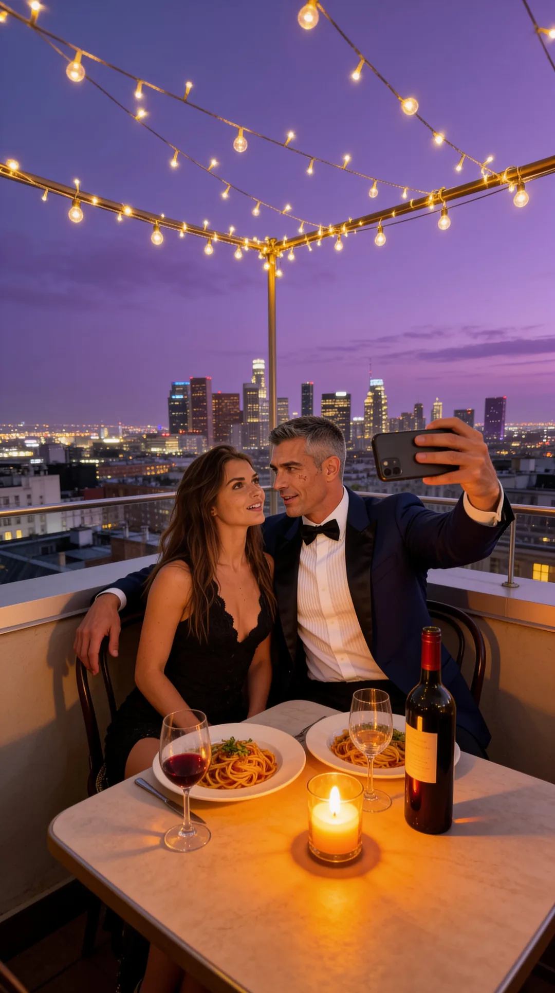 Rooftop candlelit dinner date with your AI boyfriend at dusk