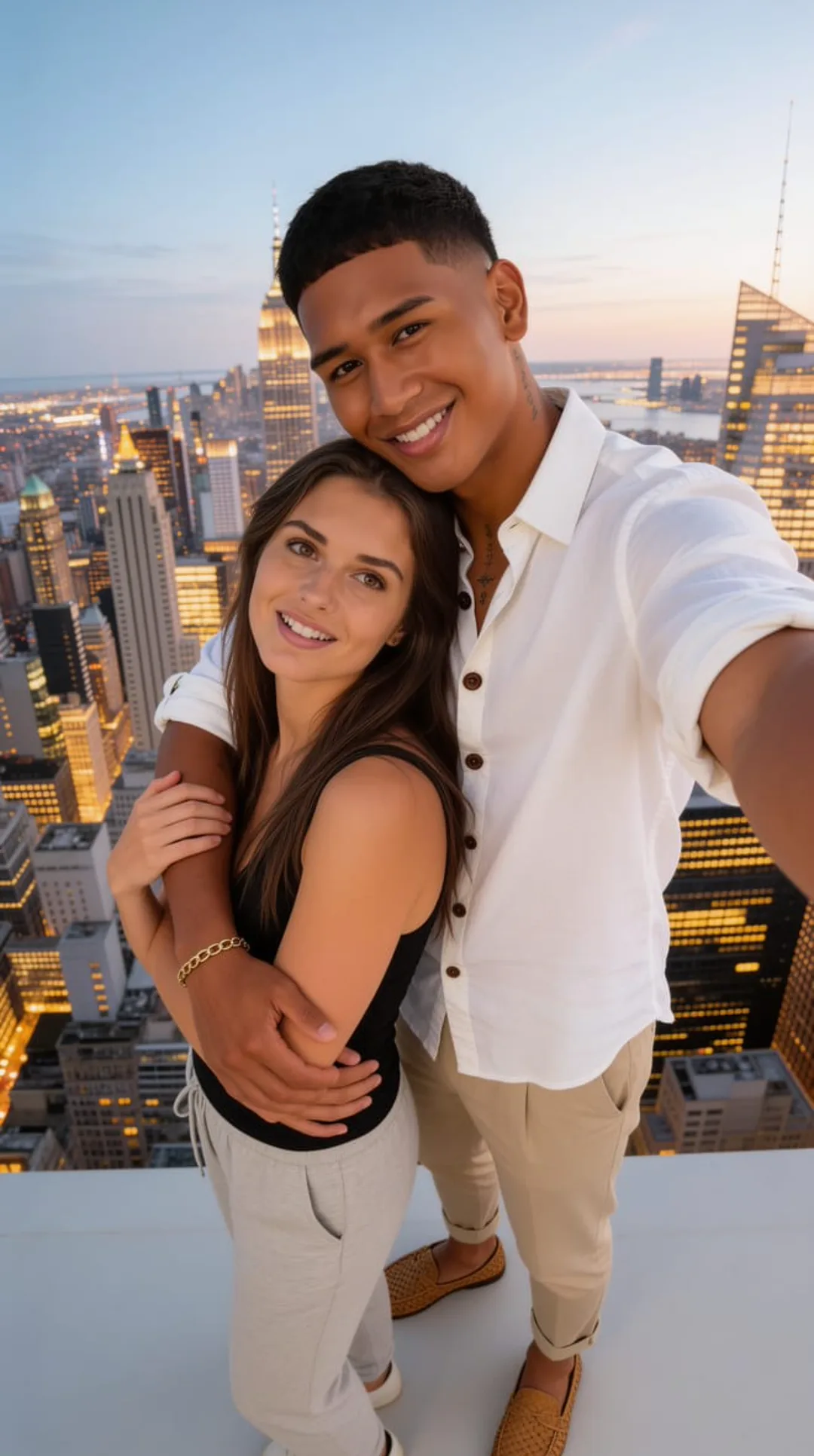 Rooftop city-skyline selfie with your AI boyfriend at dusk