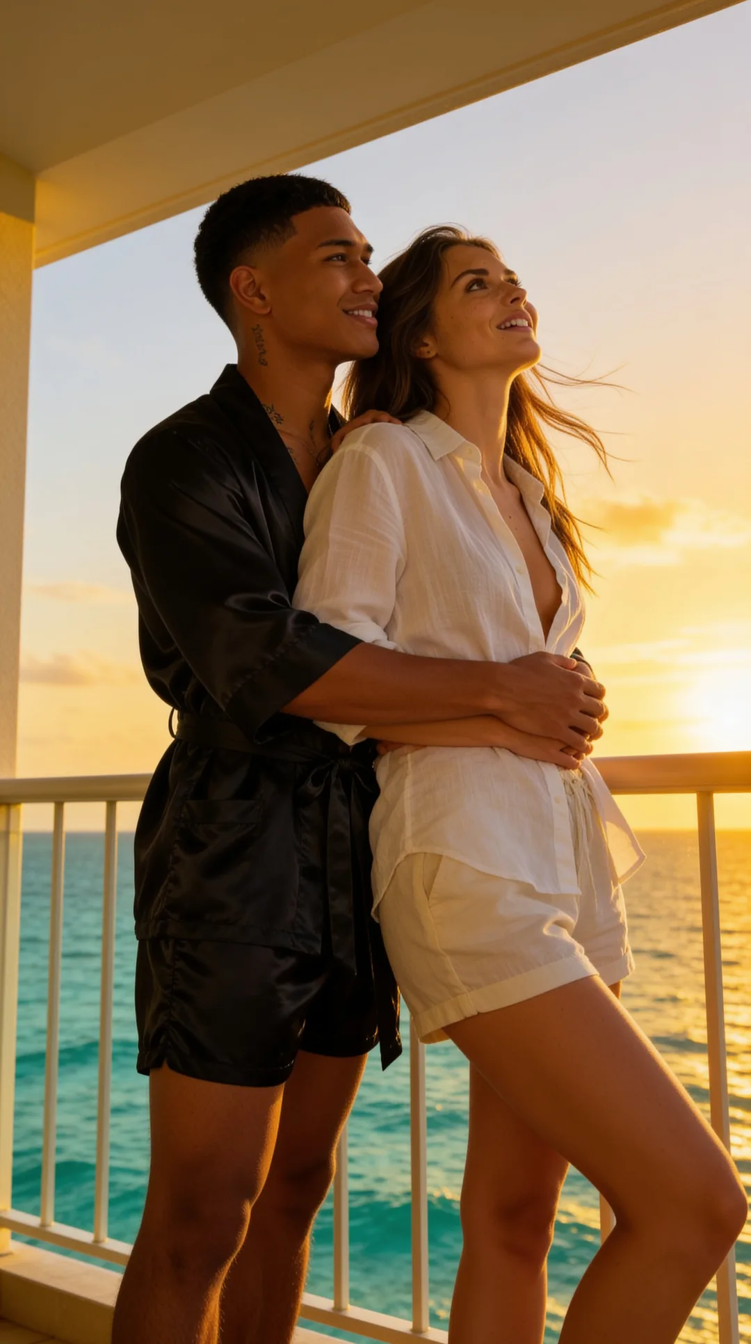 AI boyfriend holding you on a balcony over the sea at golden hour