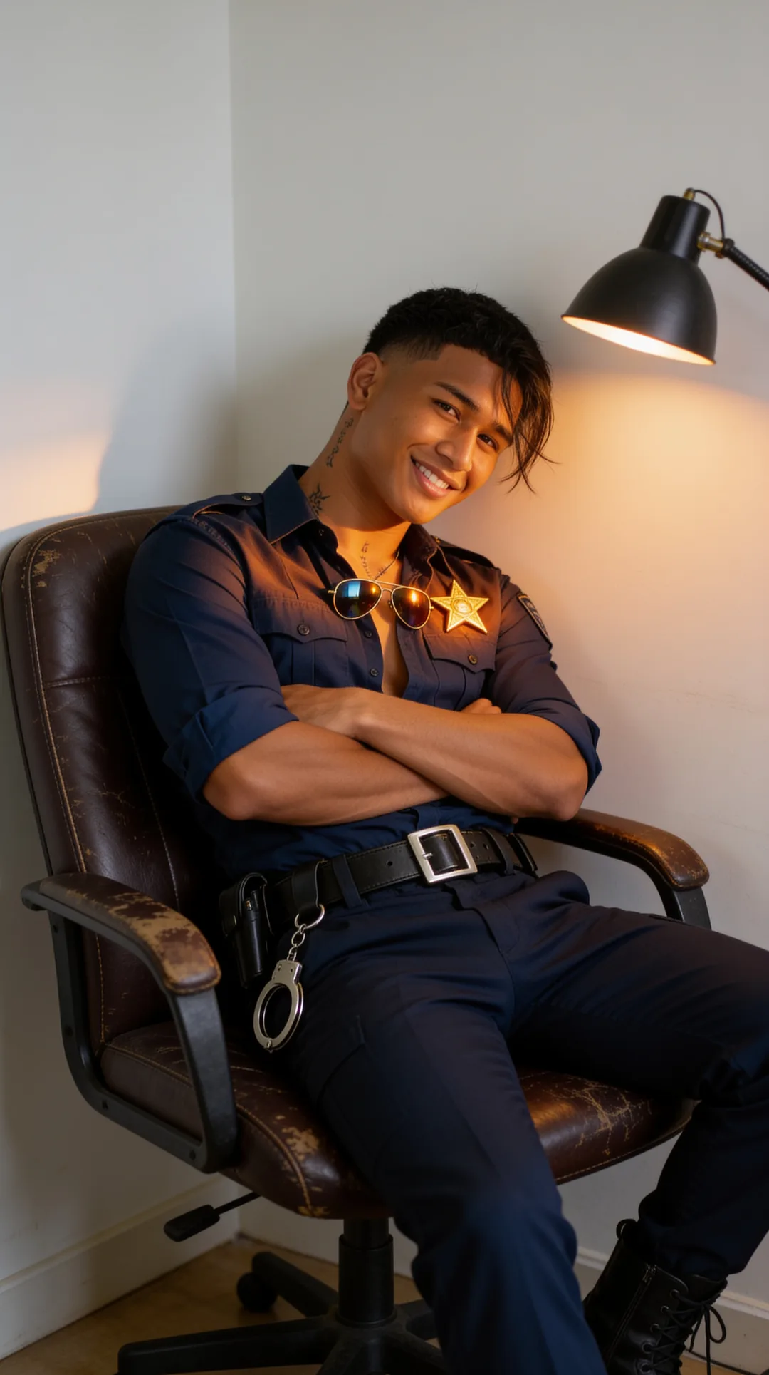 Relaxed AI boyfriend in police uniform under a desk lamp