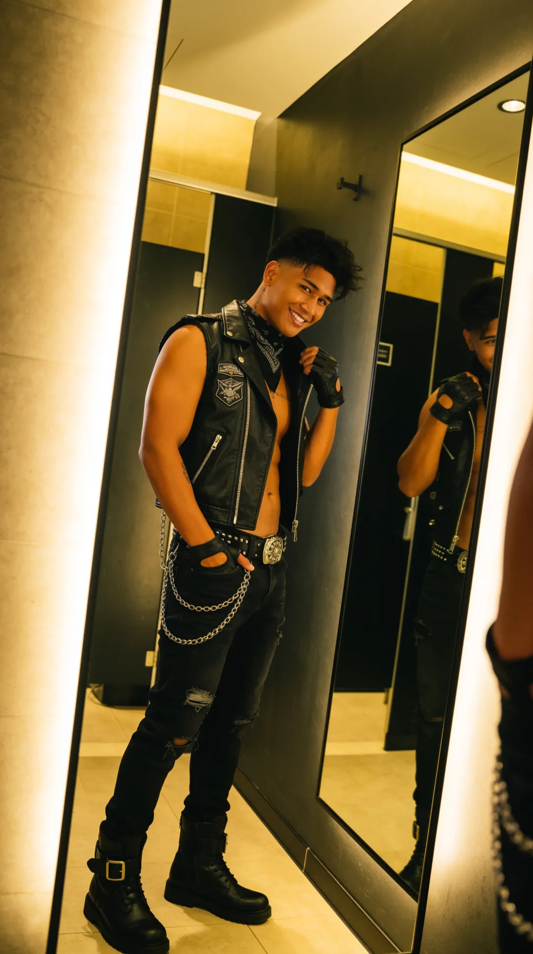 AI boyfriend in a leather biker vest at the mirror