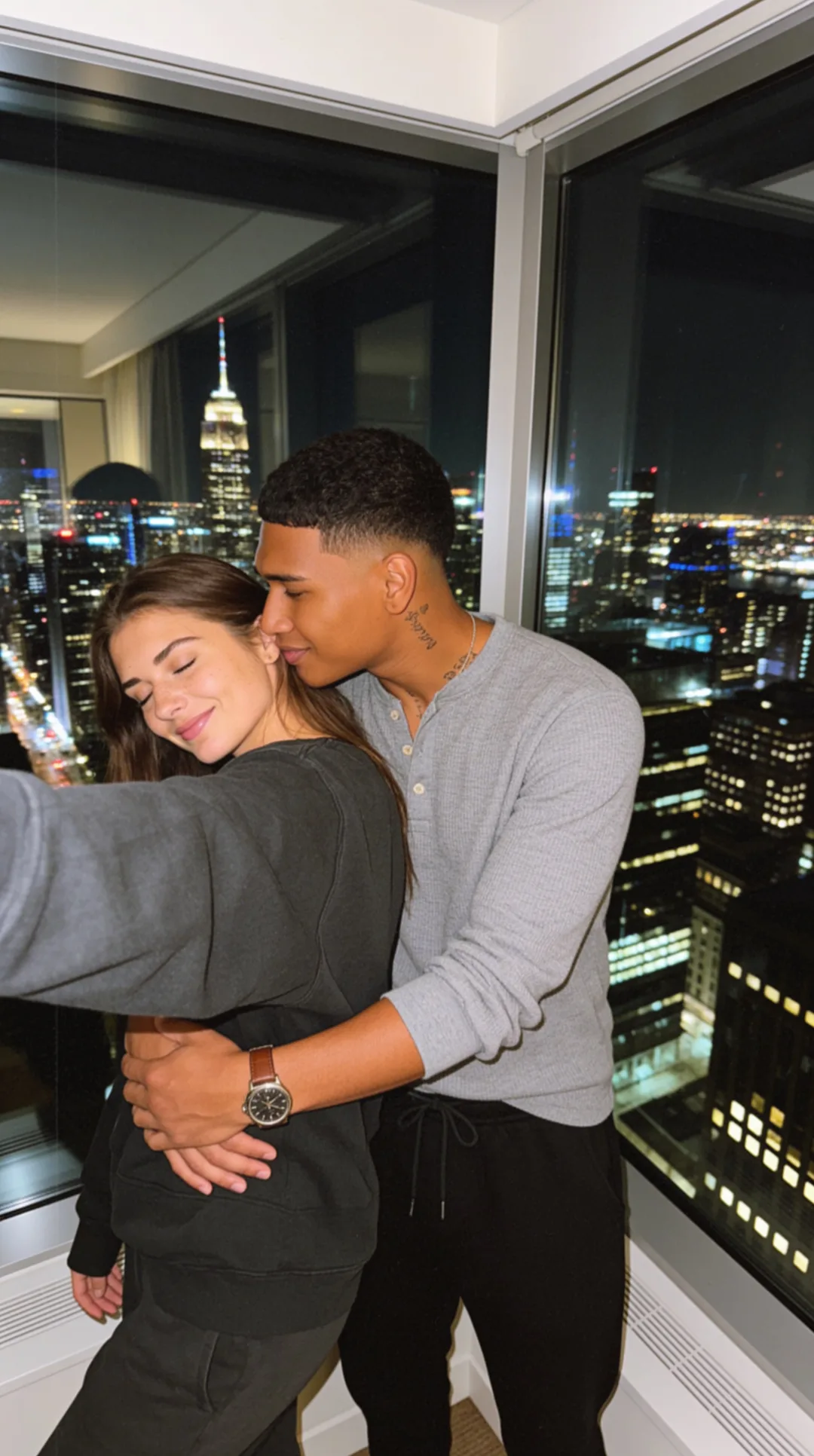 AI boyfriend embracing you by a nighttime city-skyline window
