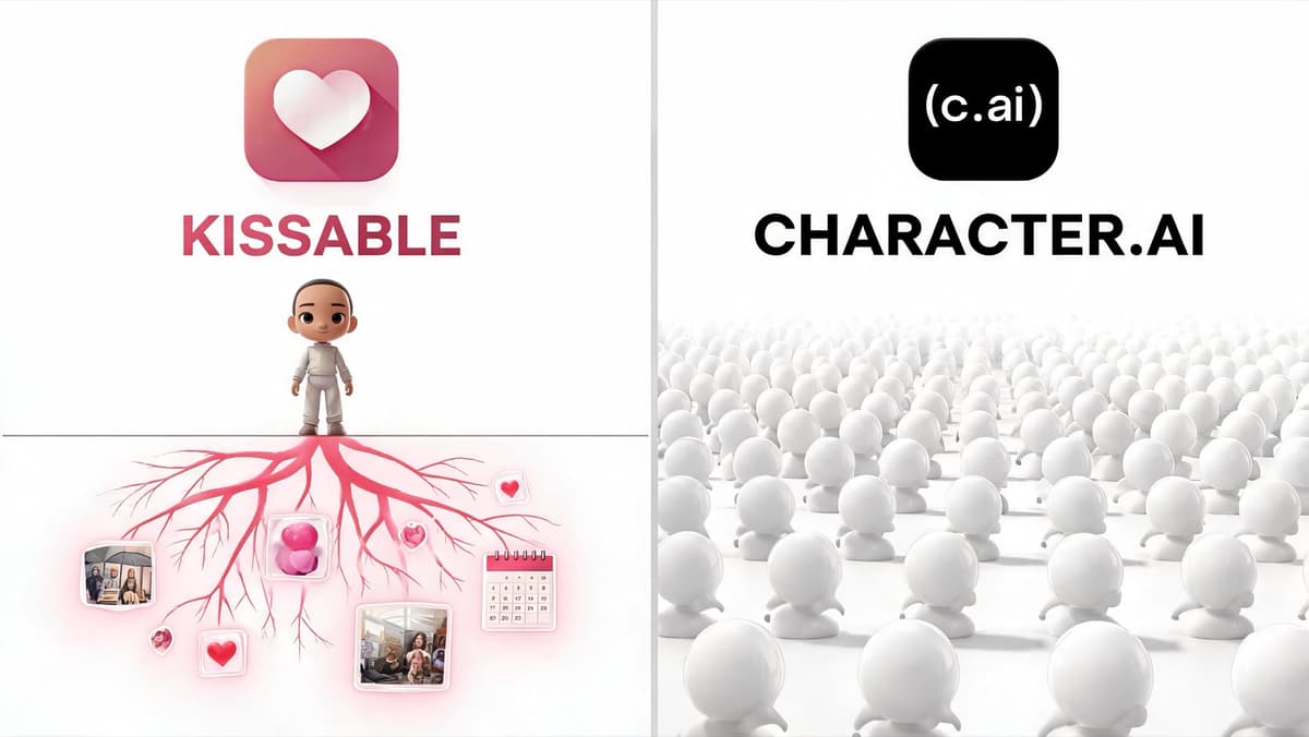 Infographic: one Kissable companion with deep roots made of memories — photos, a calendar, hearts — versus an endless crowd of identical featureless Character.AI avatars with no roots