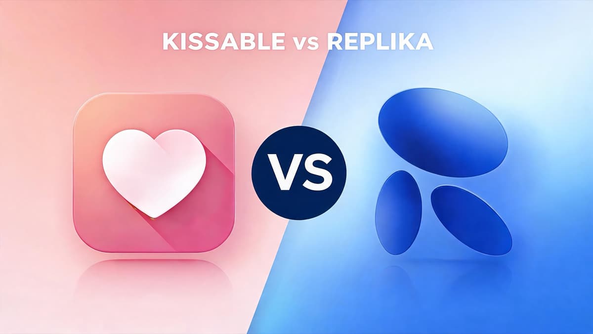 Kissable and Replika app icons facing off — pink heart tile versus blue Replika logo