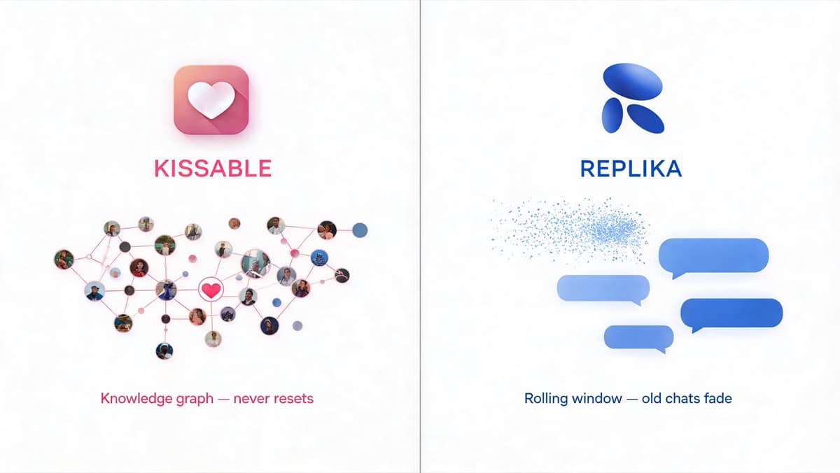 Infographic: Kissable's knowledge-graph memory shown as a connected star-map of photos and facts that never resets, versus Replika's rolling context window where older chat bubbles dissolve and fade