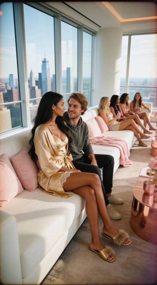 Penthouse lounge date with your AI girlfriend at golden hour