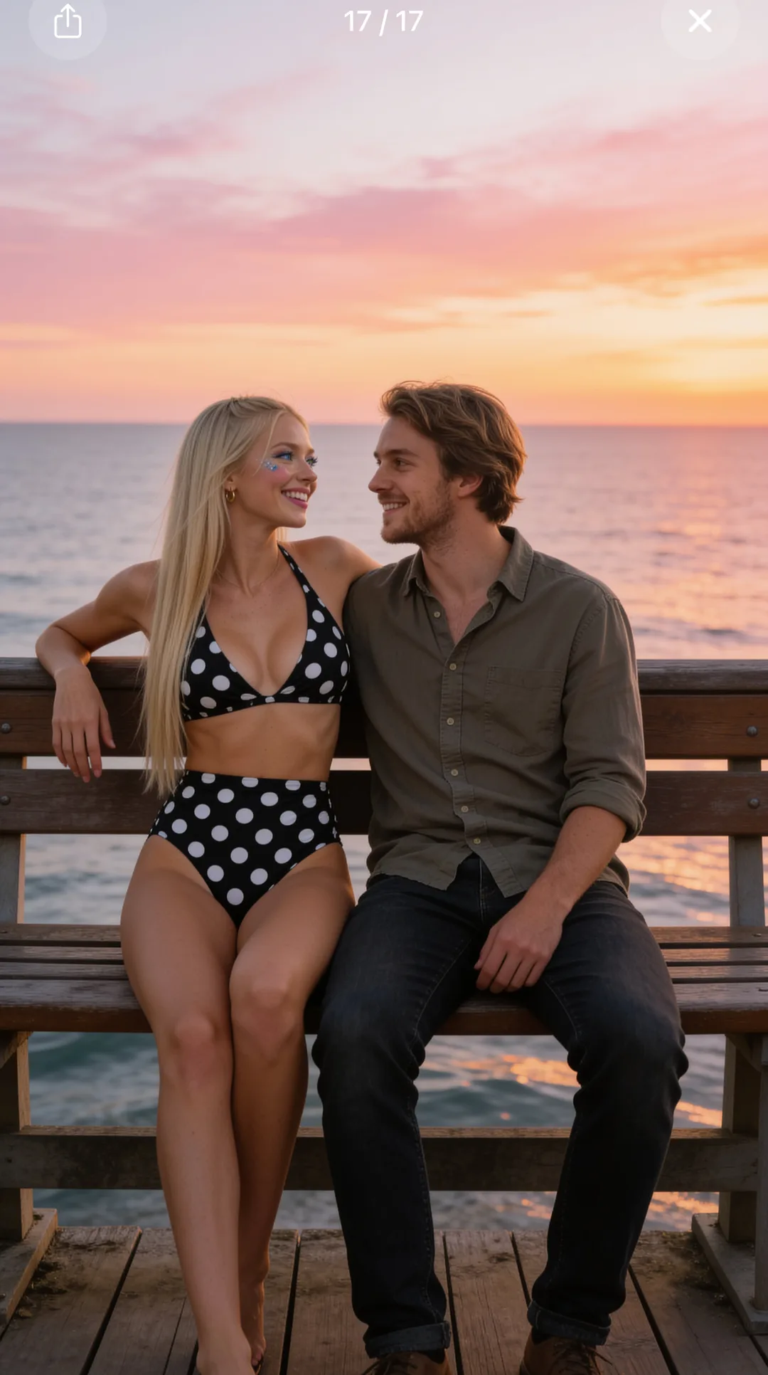 Pier at sunset with your AI girlfriend in swimwear