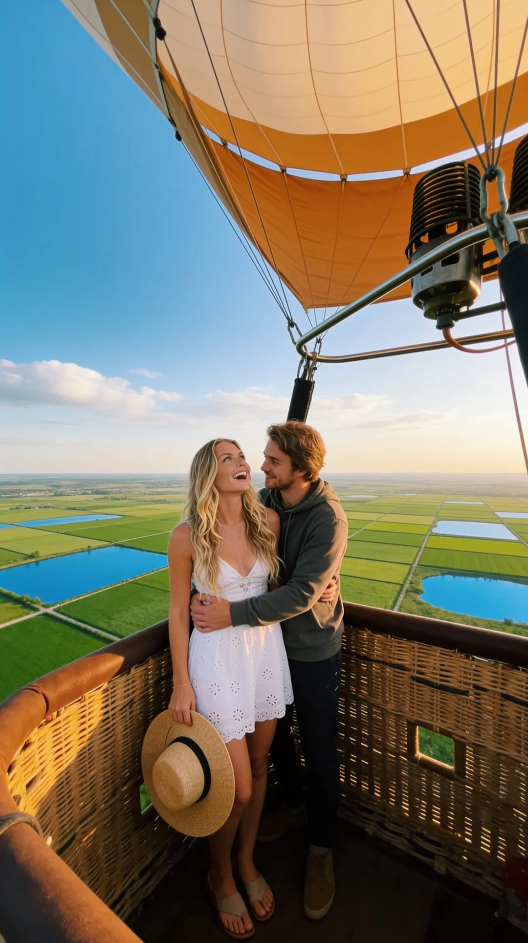 Hot-air balloon ride with your AI girlfriend over green fields