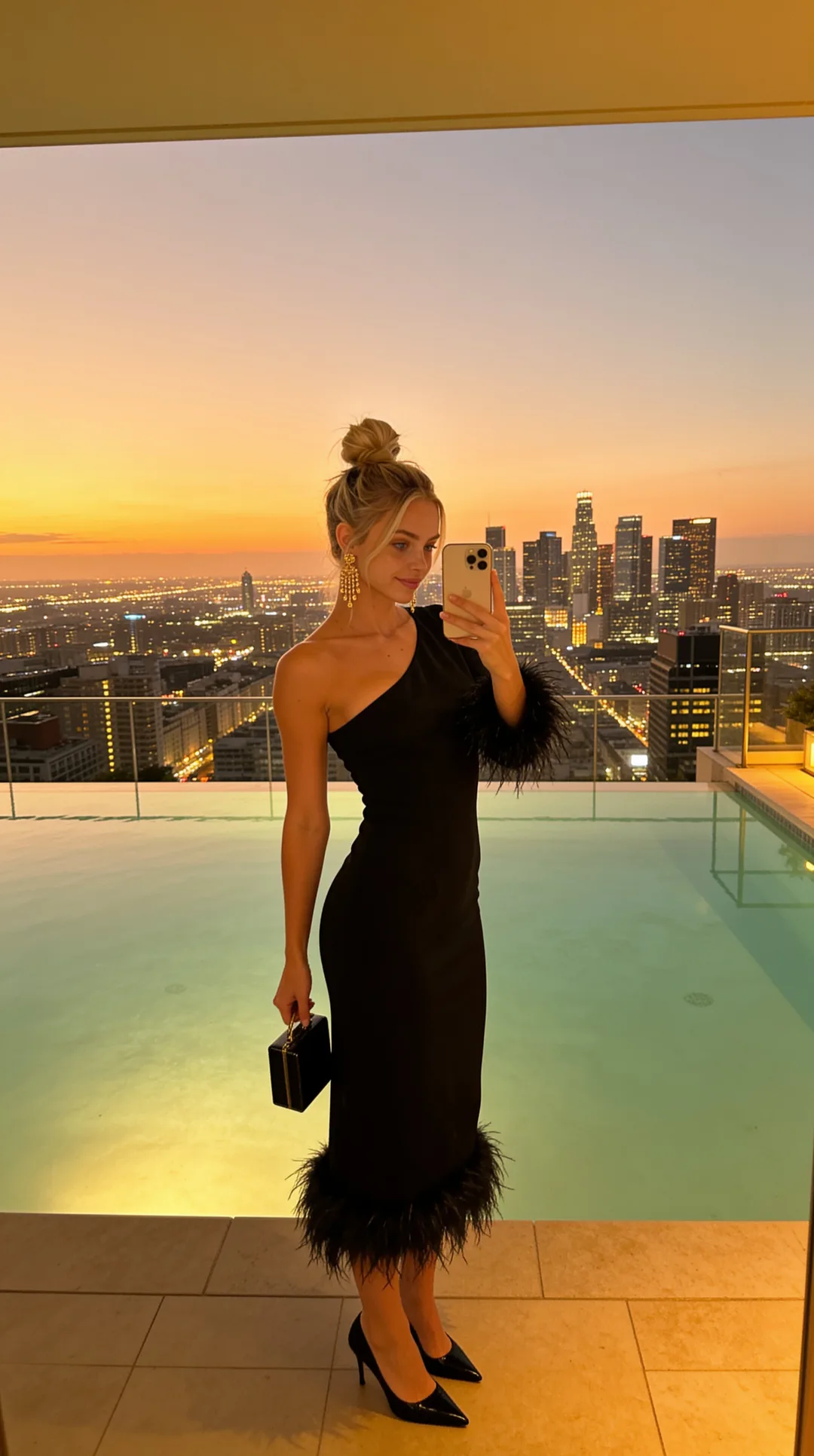 AI girlfriend in a black evening dress, rooftop pool selfie at dusk