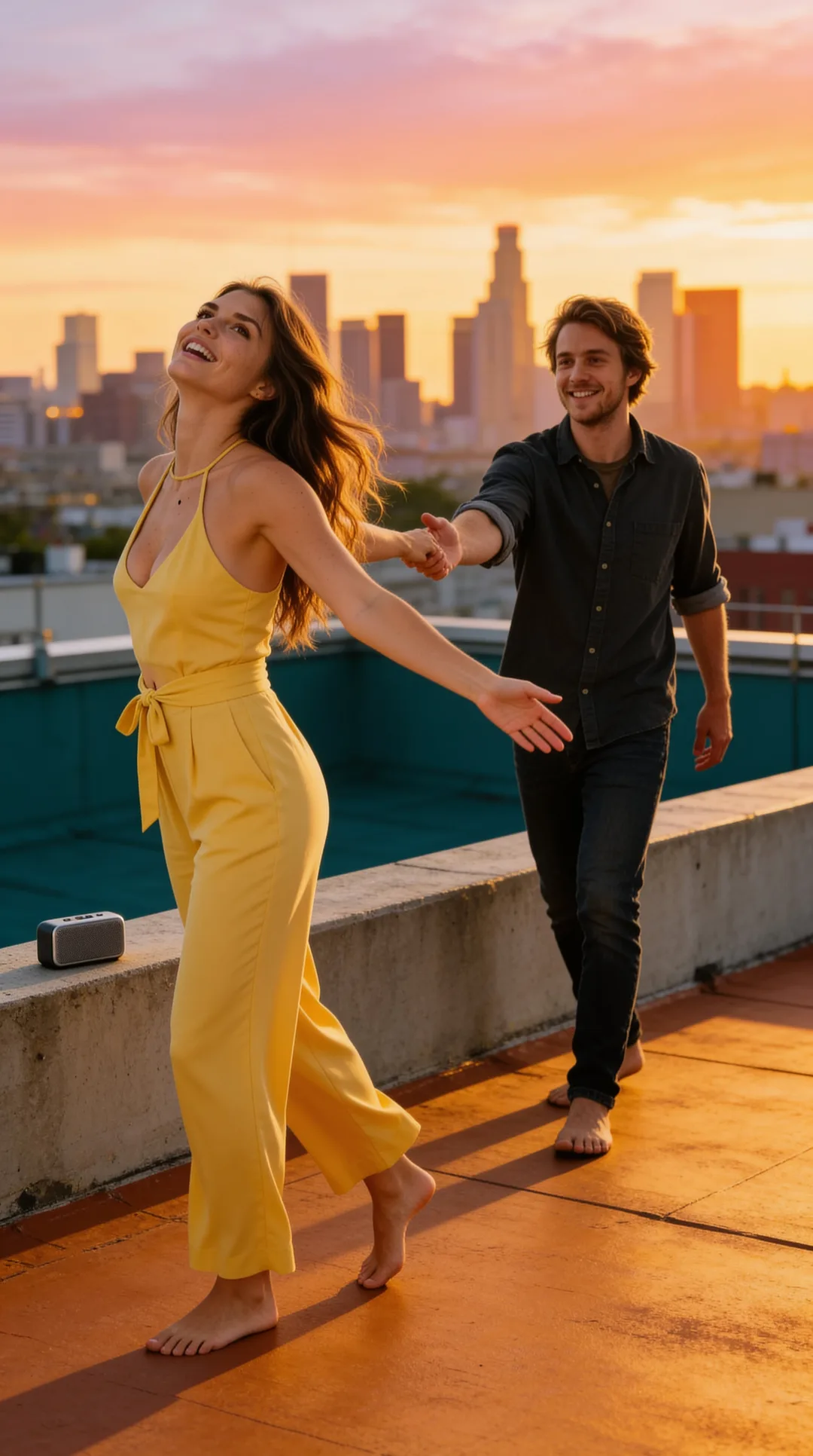 AI girlfriend in a yellow jumpsuit dancing with you on a rooftop