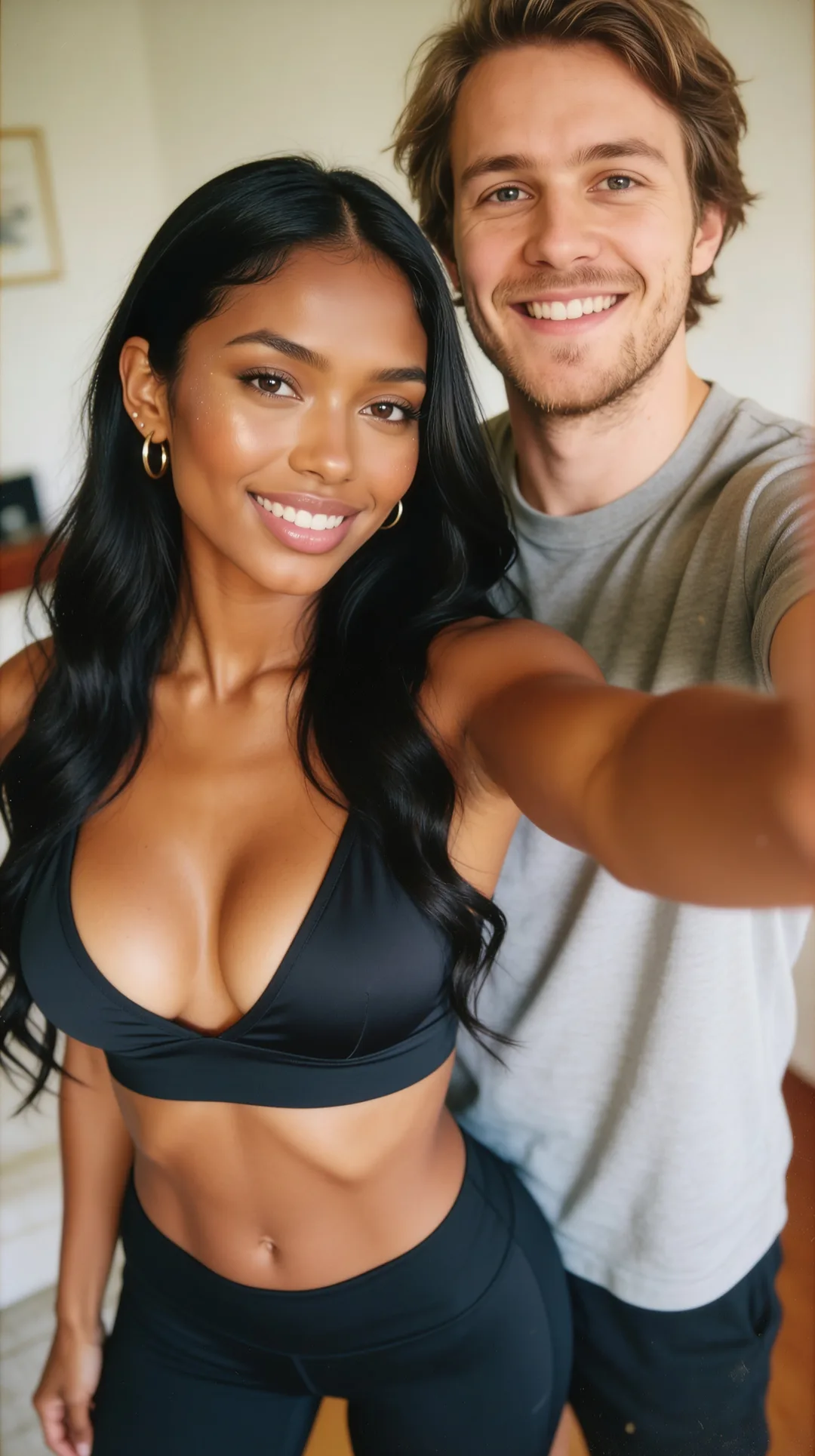 Selfie of an AI girlfriend in athletic wear smiling with you