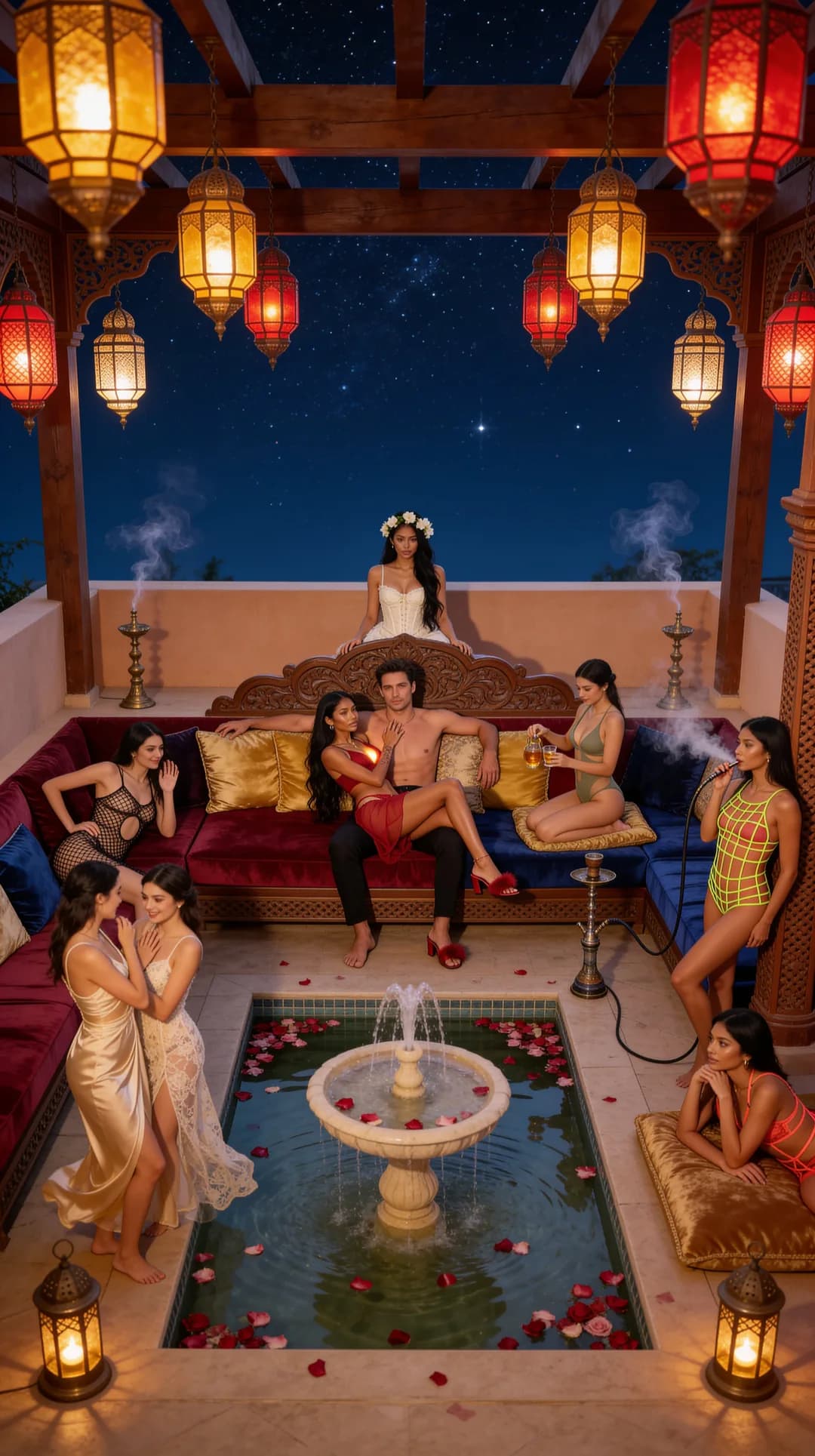 AI girlfriend with you at a starlit rooftop terrace party