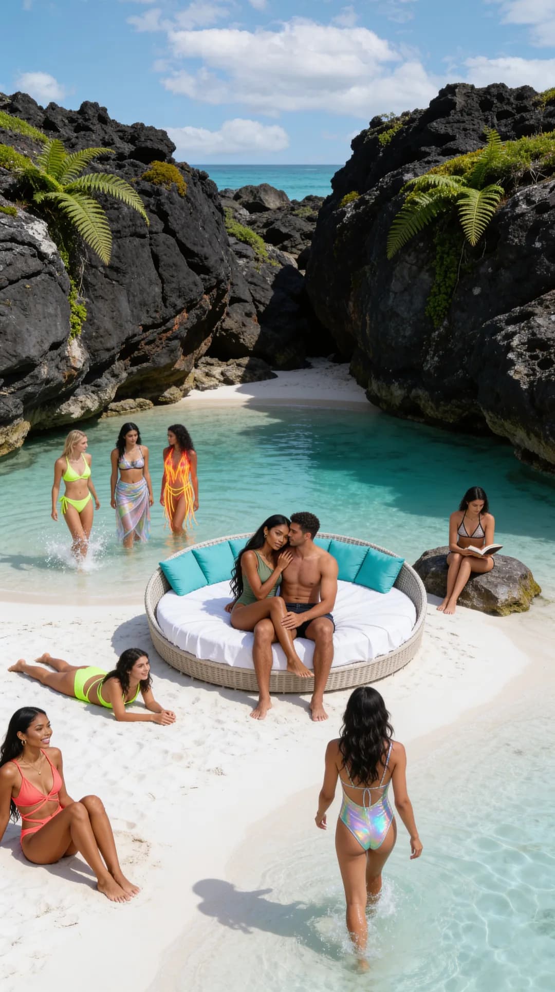 AI girlfriend resting against you on a tropical beach daybed