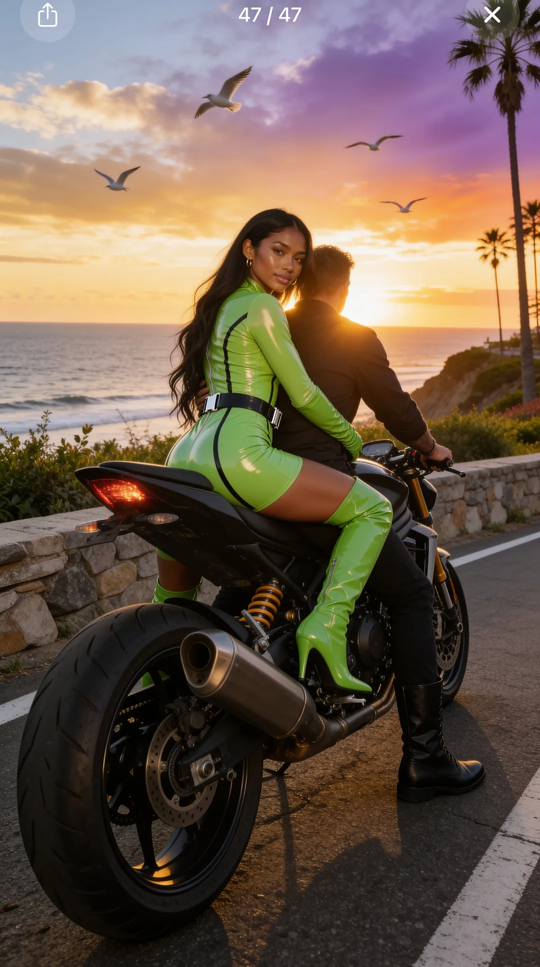 AI girlfriend in green riding gear with you at sunset