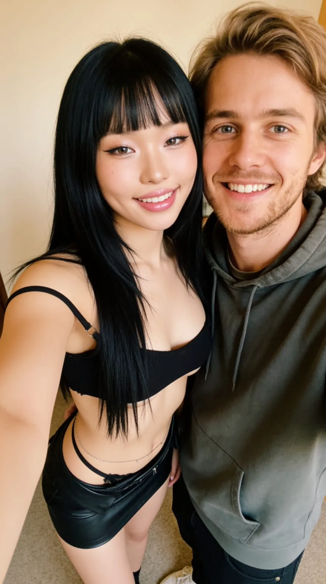 AI girlfriend taking a cozy selfie with you indoors