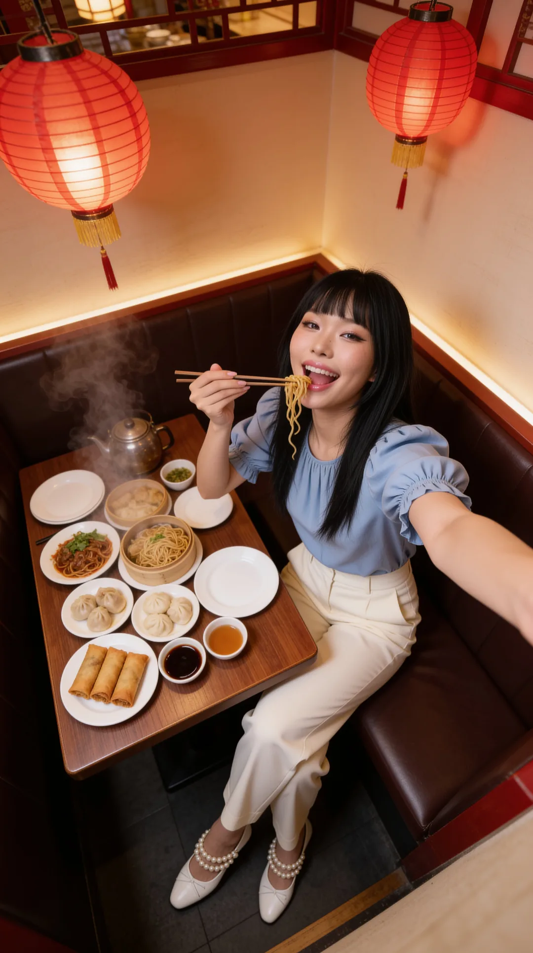 AI girlfriend enjoying noodles at a lantern-lit spot