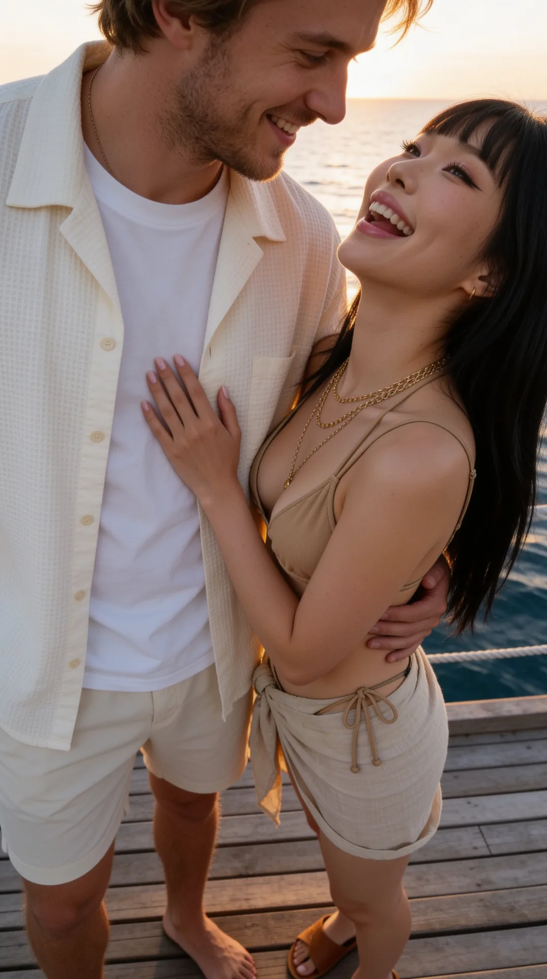 Laughing AI girlfriend embracing you on a seaside dock at dusk