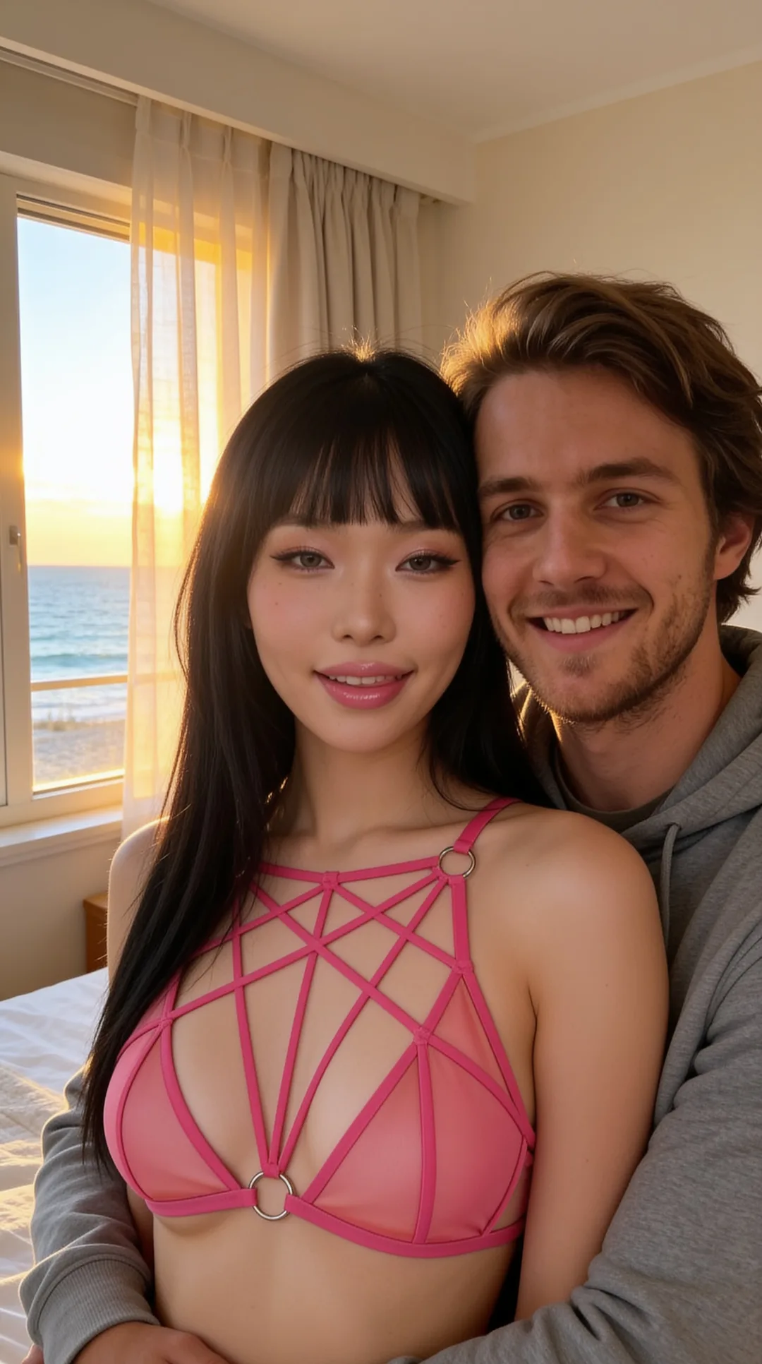 AI girlfriend with you in a sunlit beachfront bedroom