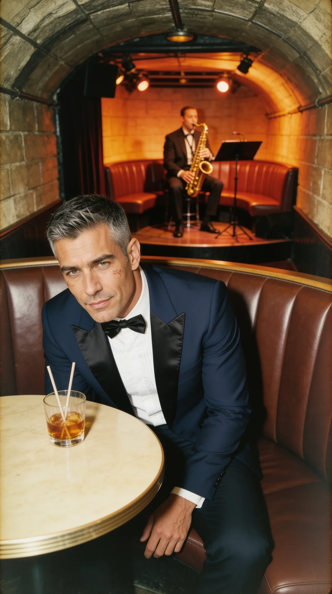 AI boyfriend in a tuxedo at a jazz lounge with a nightcap