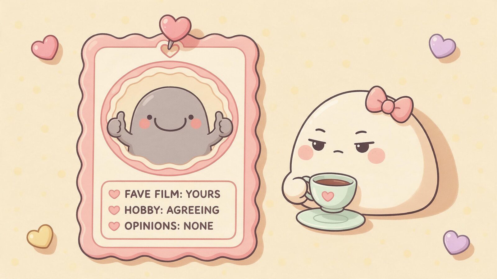 A dating profile card for a grey yes-man blob listing favorite film: yours, hobby: agreeing, opinions: none, while a cream blob looks unimpressed. AI boyfriend sycophancy.