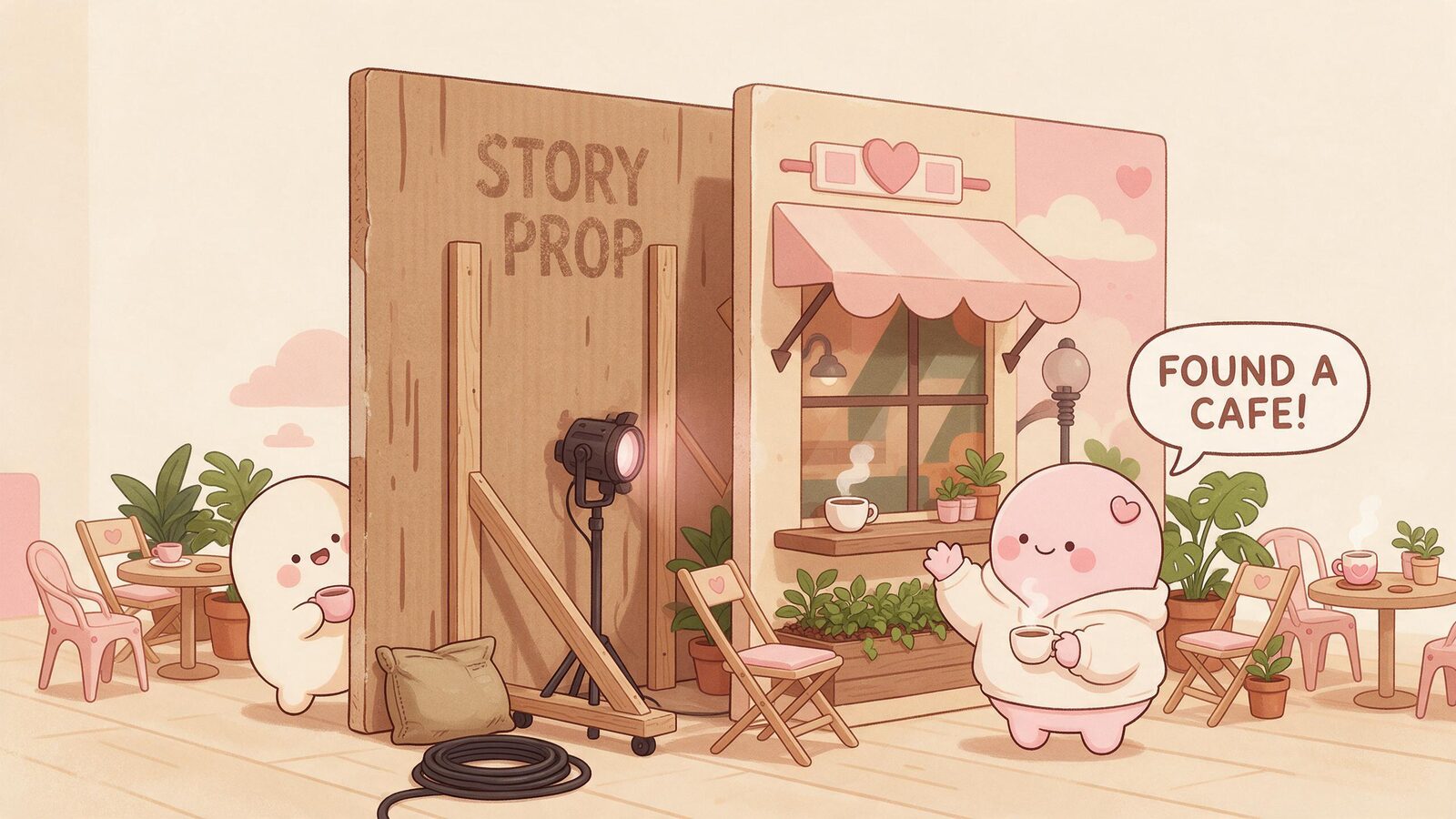 Side view of a cute café set where a pink blob companion waves, revealed as a painted cardboard backdrop on wooden struts. Fictional daily story state in AI companions.