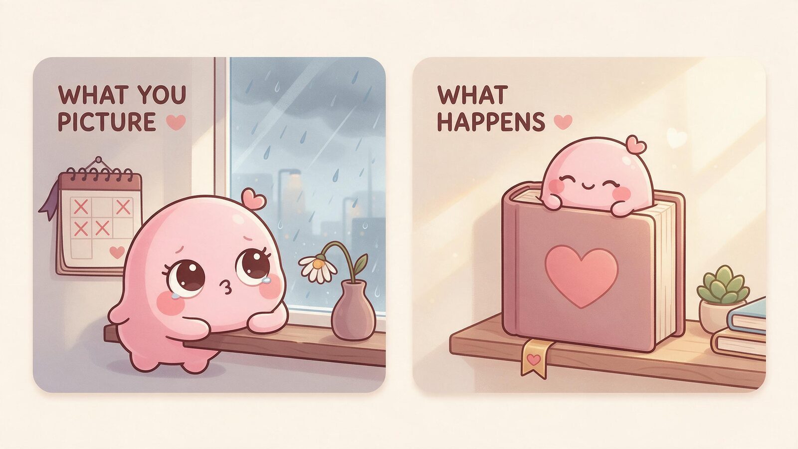 Two panels: a pink blob companion pining at a rainy window versus relaxing as a bookmark in a closed storybook. You don't owe an AI companion your time.