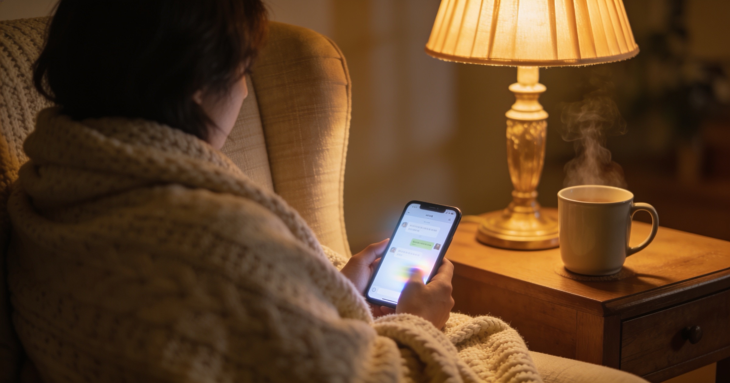 Person wrapped in a knit blanket in an armchair, texting on a phone beside a warm lamp and a steaming mug