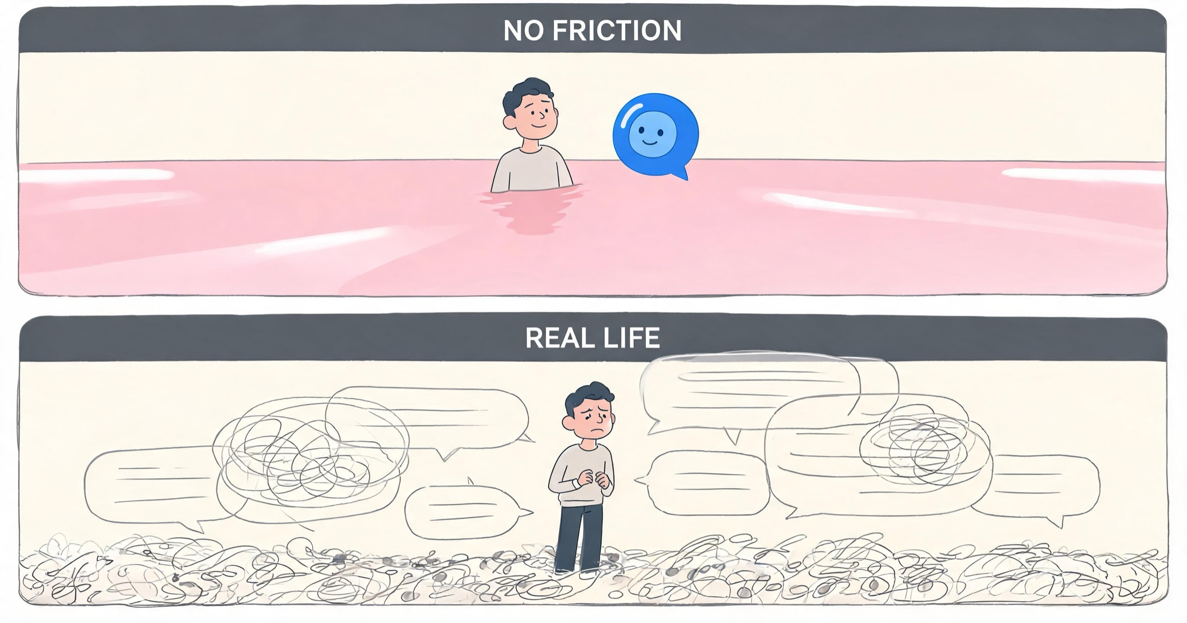Two-panel comic contrasting a frictionless AI companion chat with the bumpy messy reality of real human conversation