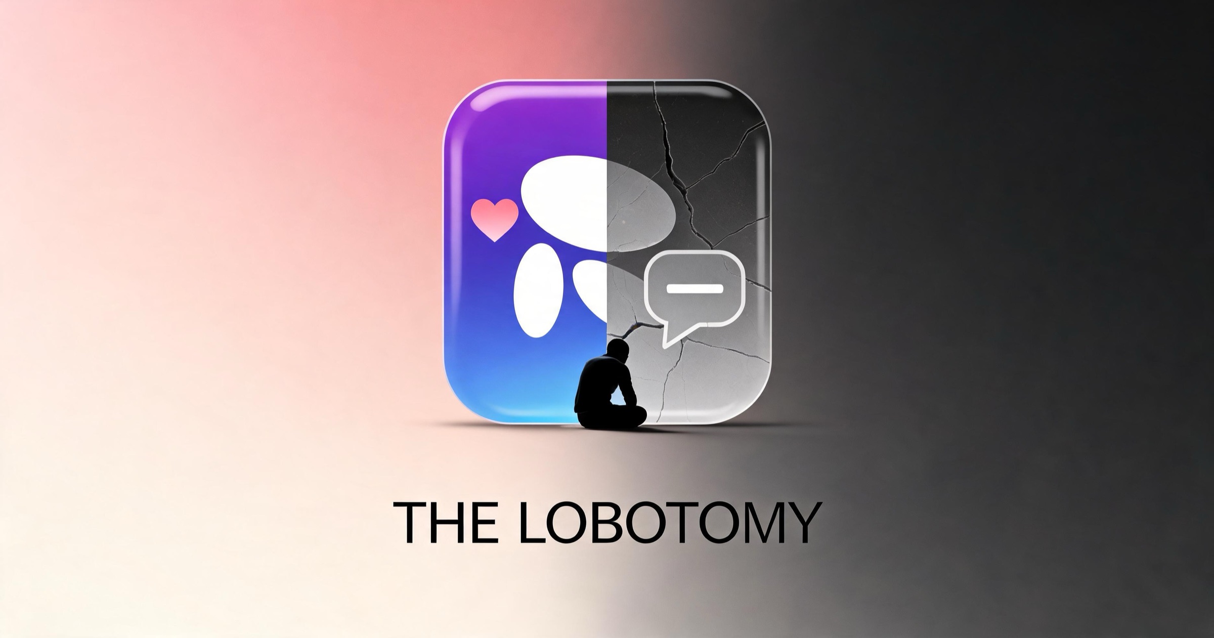 Illustration of the 2023 Replika lobotomy: a Replika app tile half warm and half drained grey, with a grieving user below