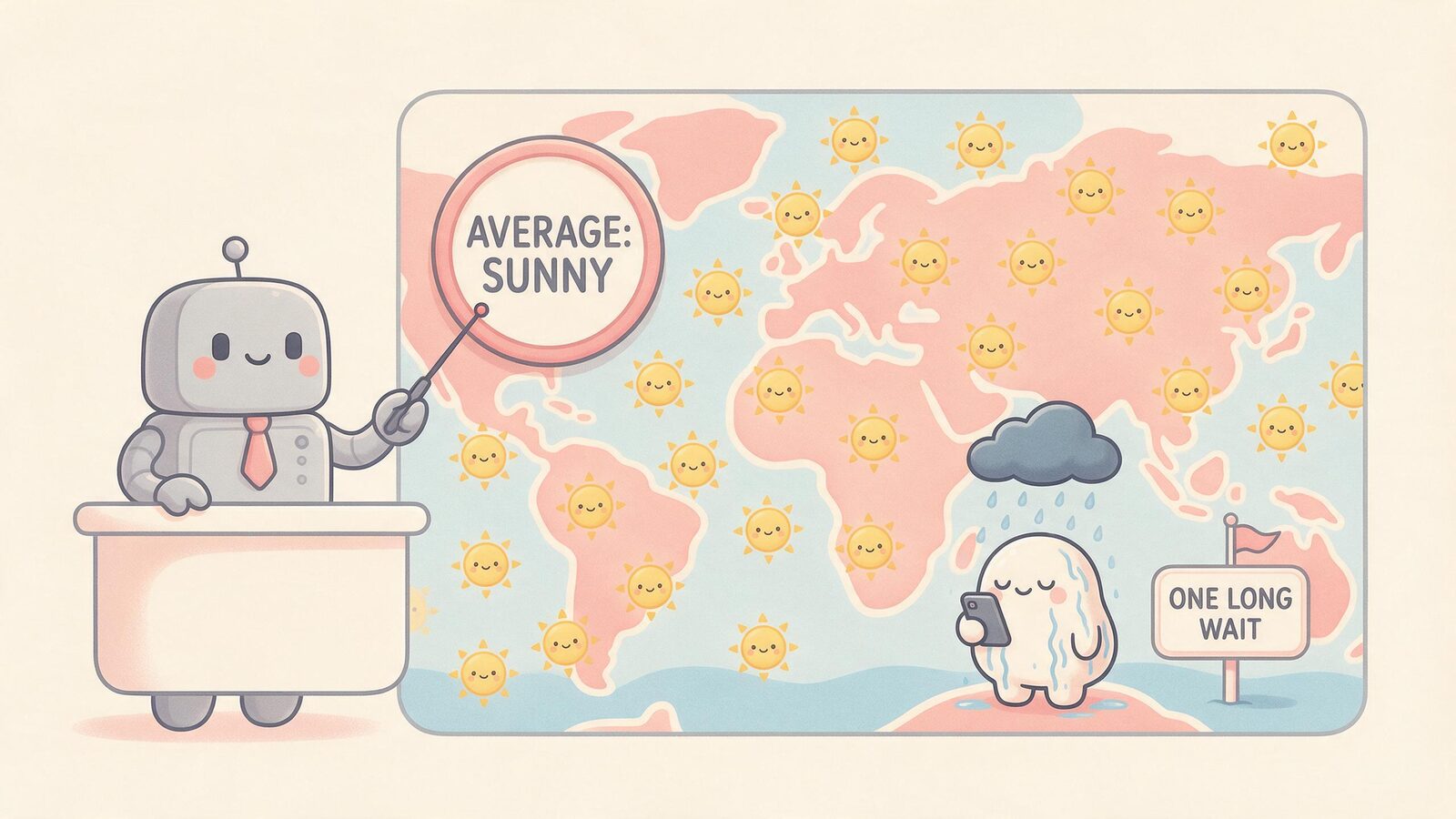 A robot weather presenter points at an Average: Sunny forecast while a cream blob stands drenched under one rain cloud labeled One Long Wait. Averages hide slow replies.