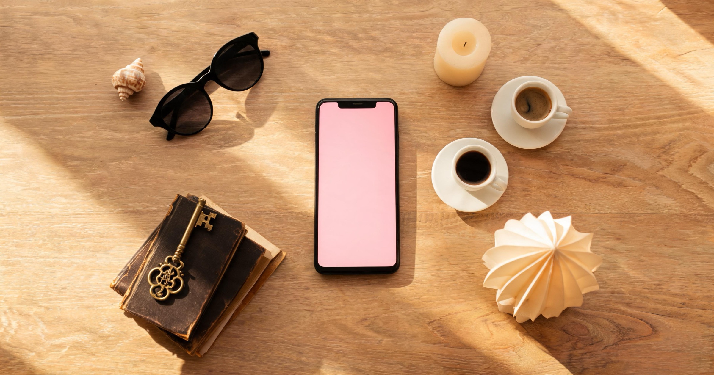 Flat-lay of a phone surrounded by objects hinting at date scenarios: seashell, espresso cups, brass key, paper lantern