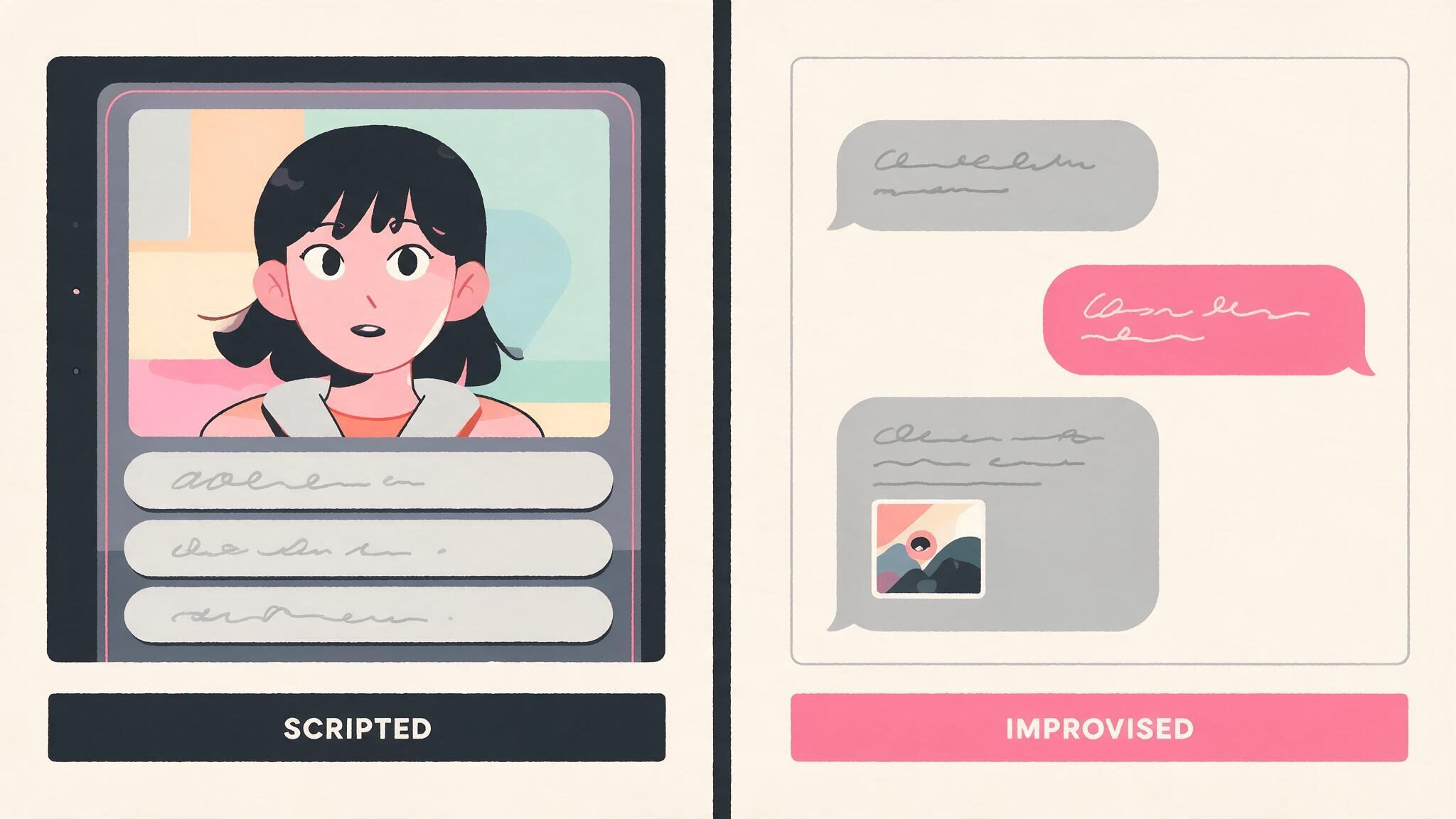 A diagram contrasting a scripted visual novel screen with three dialogue choice bars against an improvised chat screen with free-form message bubbles