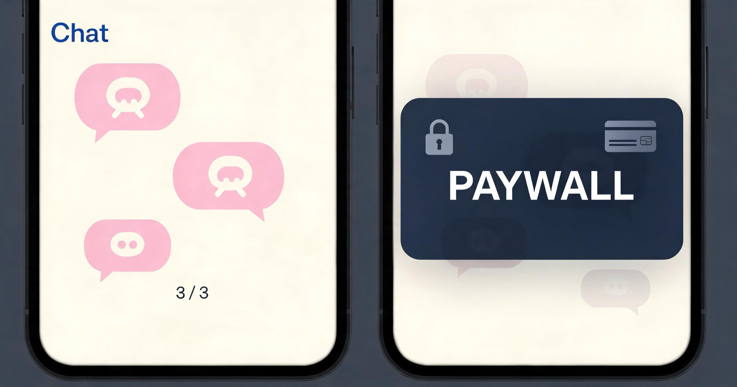 Two-panel illustration showing three free messages followed by a hard paywall and credit card wall on a no-signup AI girlfriend app
