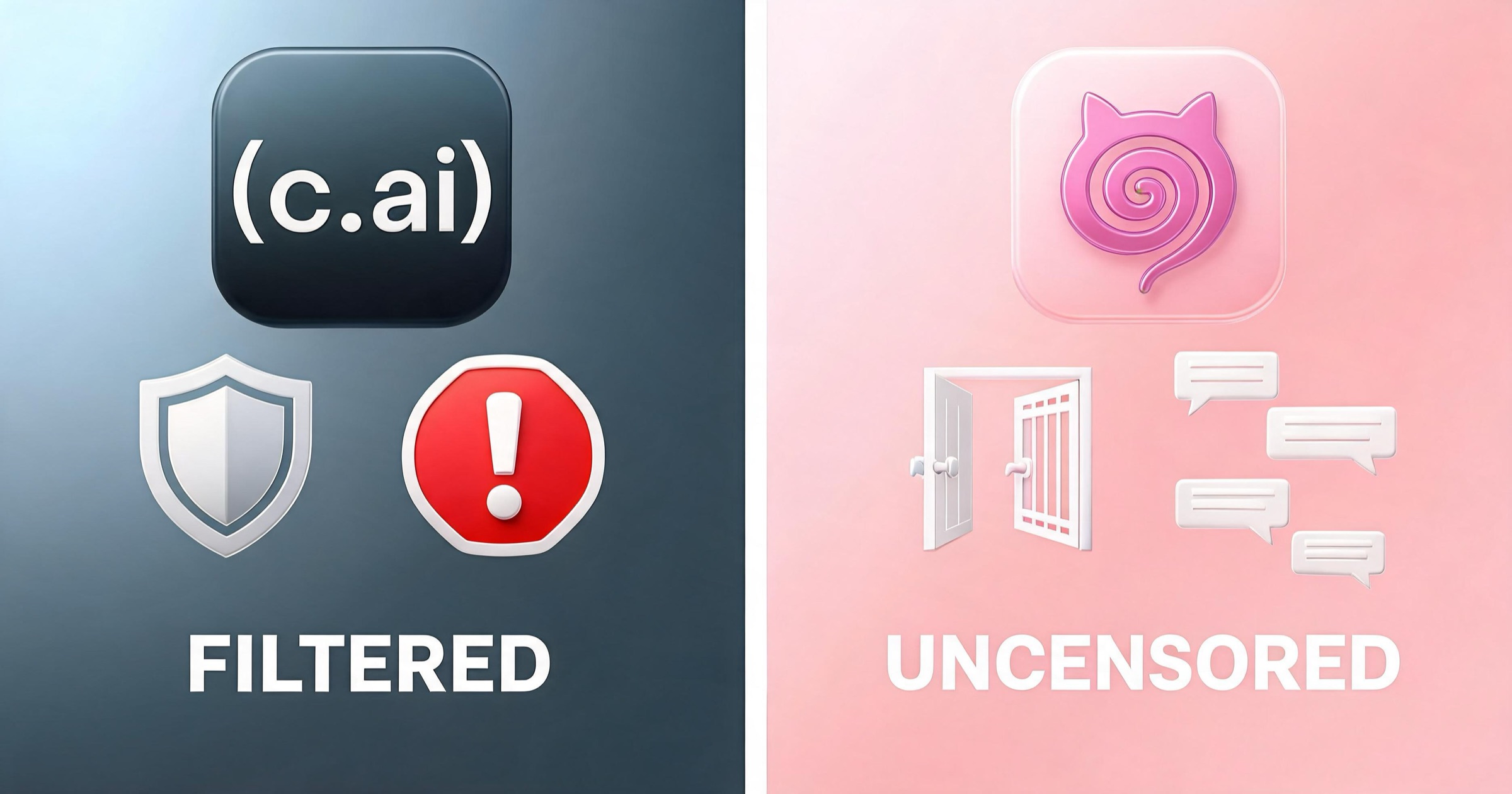 Split comparison of filtered AI apps like Character.ai versus uncensored apps like Janitor AI