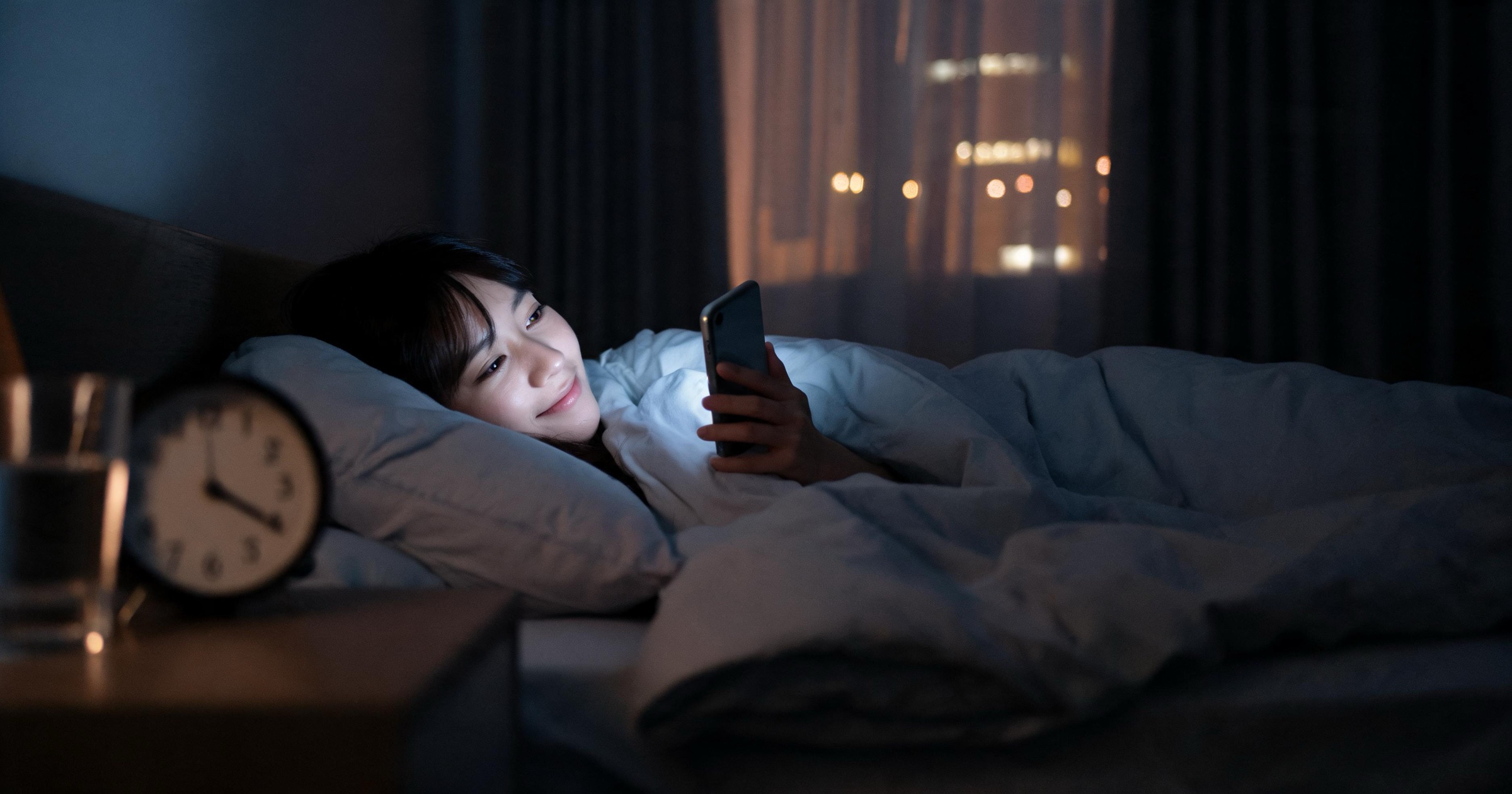 Woman in bed at 3 AM softly lit by her phone, smiling during a late-night conversation