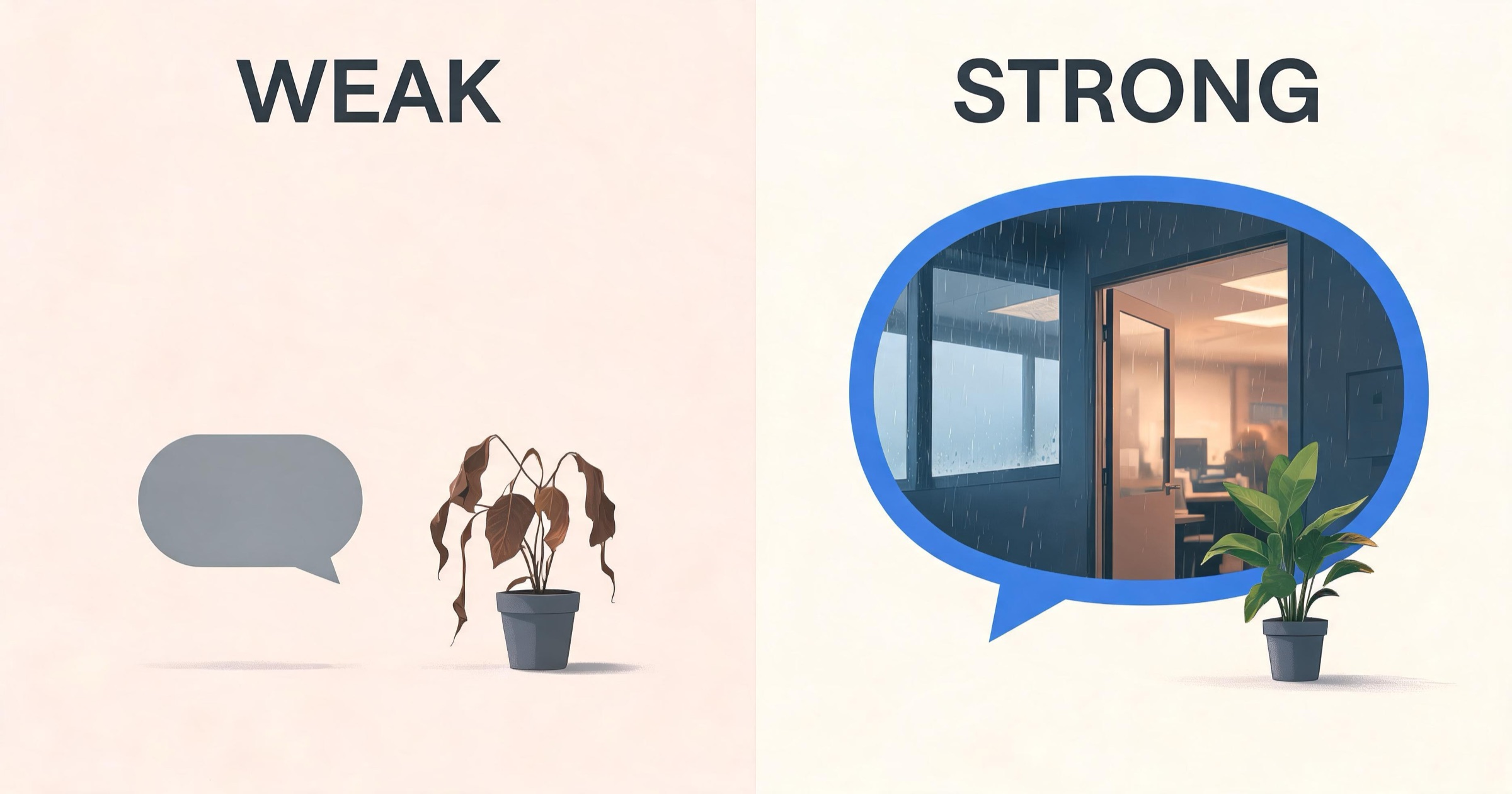 Comparison of a weak one-line AI greeting versus a strong cinematic scene-setting greeting message