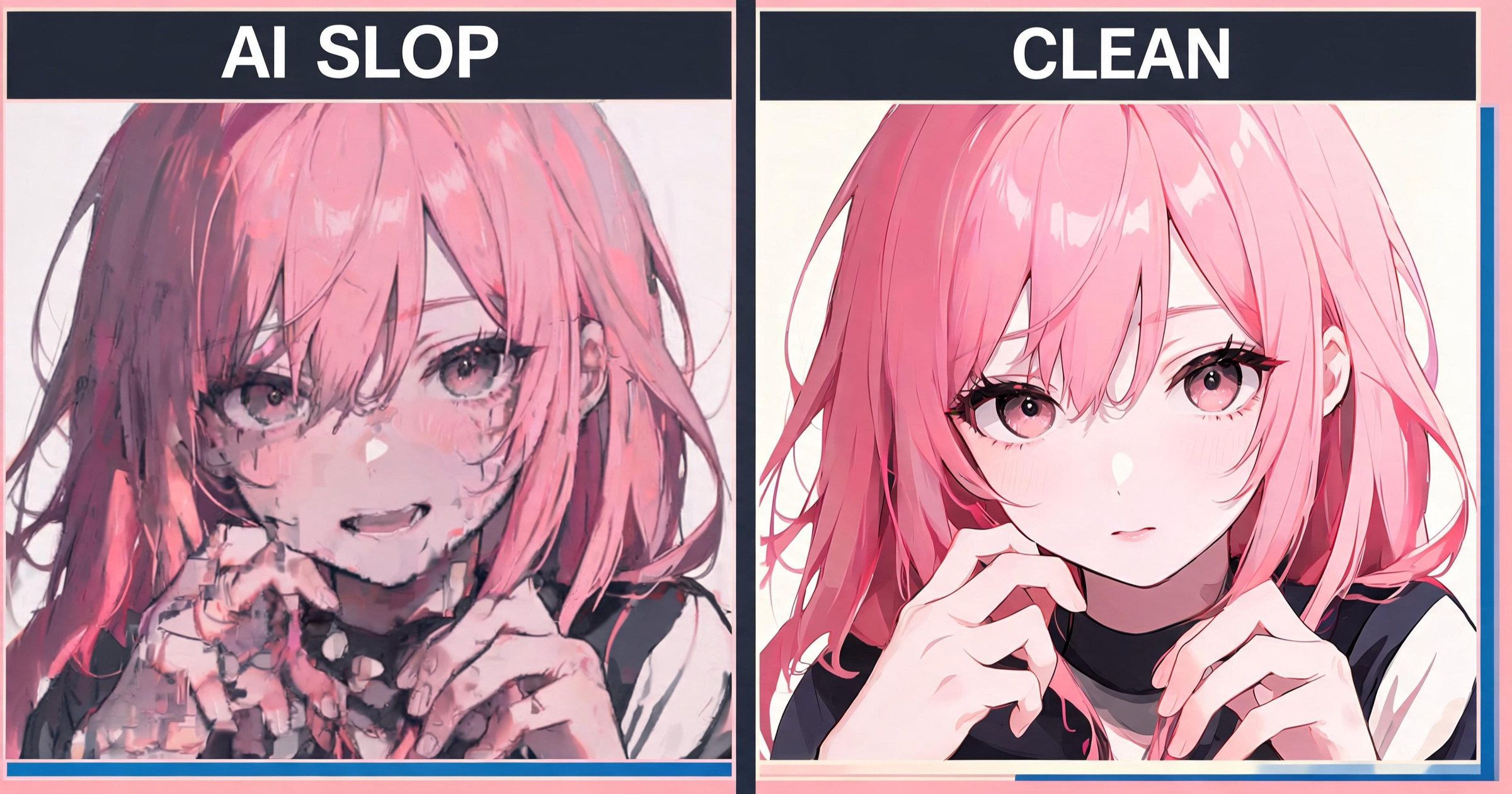 Side-by-side comparison of messy low-quality AI slop anime art versus clean polished anime character generation