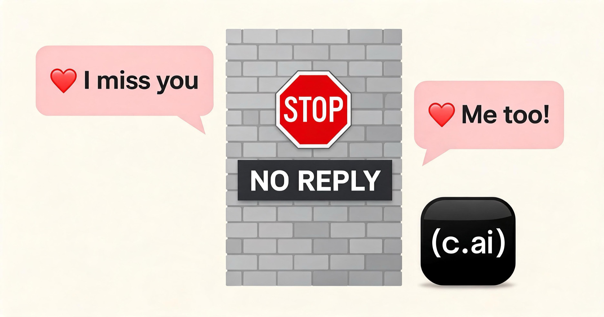 Illustration of the Character.ai filter dropping a wall and a no-reply error in the middle of a romantic chat