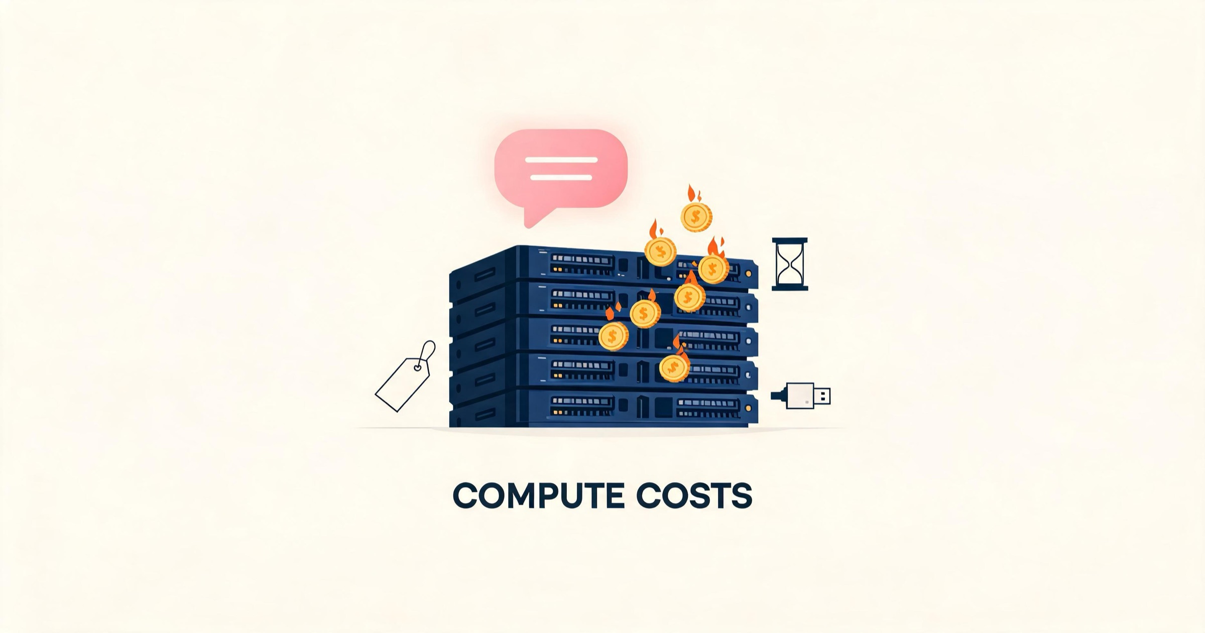 Illustration of why free AI apps are rare: a chat bubble burning money atop expensive GPU servers, with three monetization workarounds
