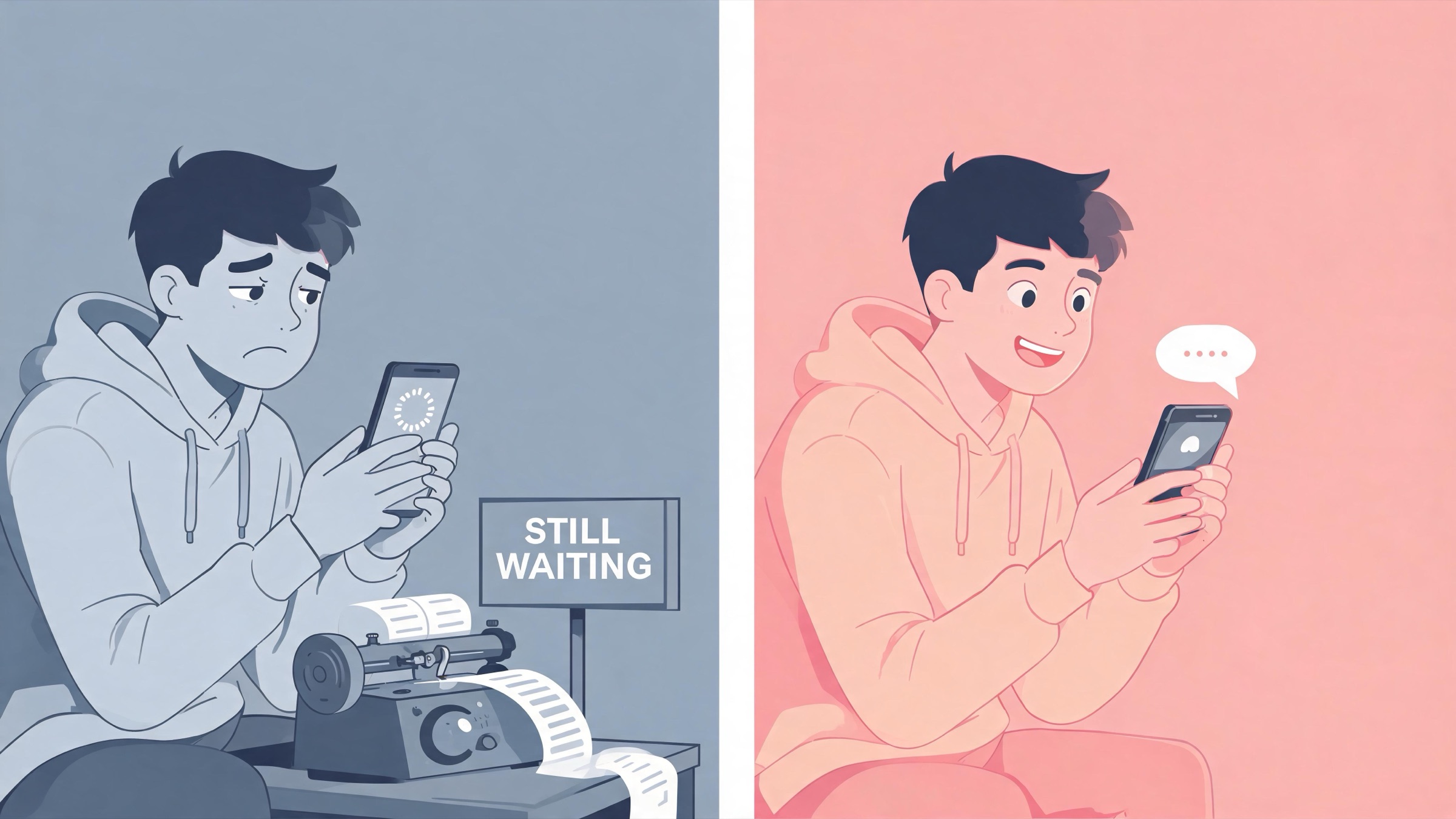 Illustration contrasting Nomi.ai's slow 15-second replies against a faster real-time AI companion chat