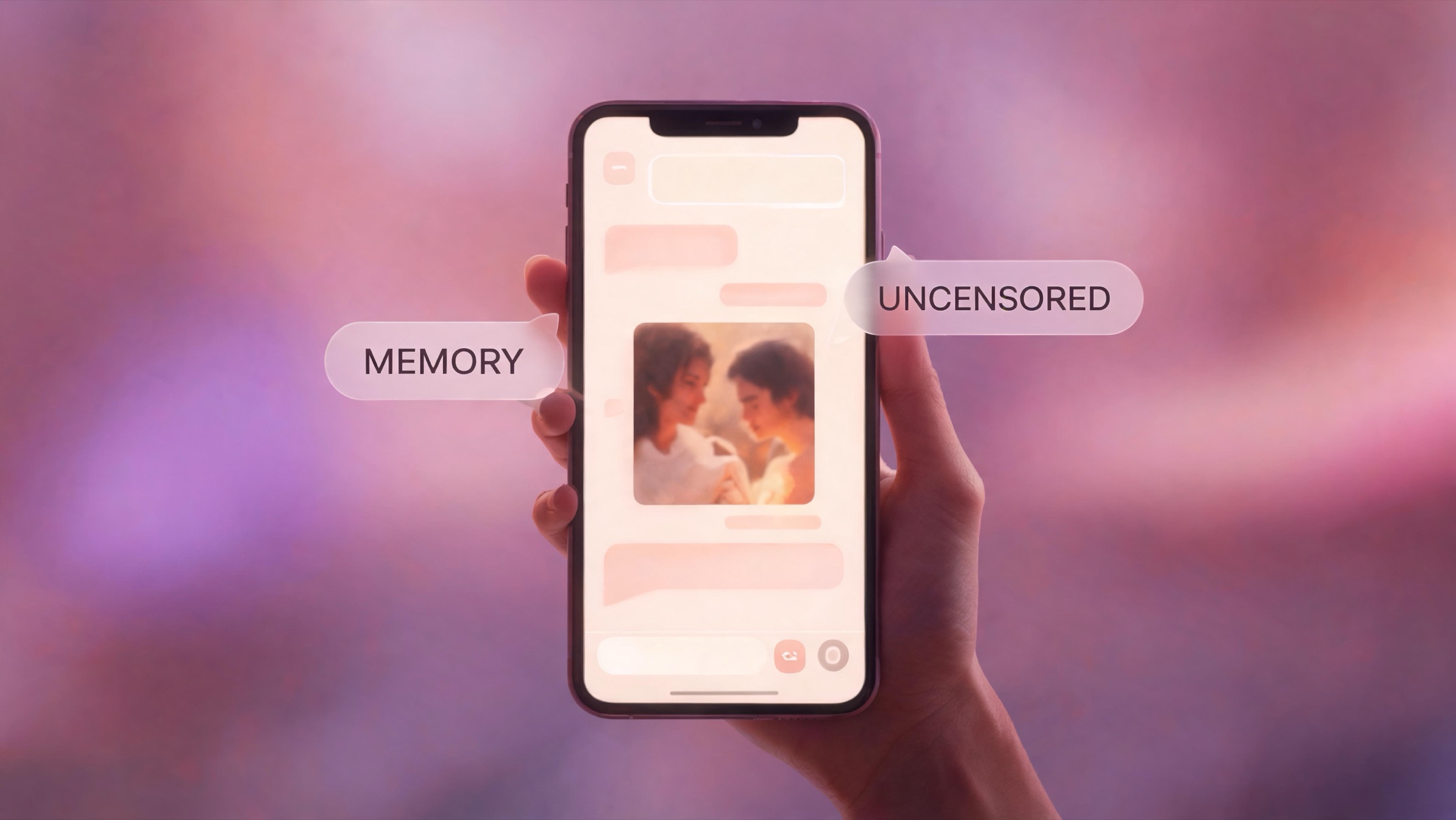 Hero image for a 2026 guide to the best uncensored AI girlfriend apps showing a companion chat with memory and uncensored labels