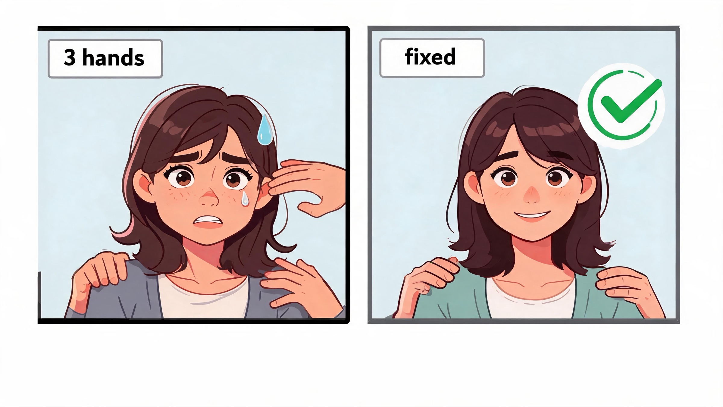 Humorous two-panel meme showing an uncensored AI app generating a character with three hands versus a correctly rendered AI portrait