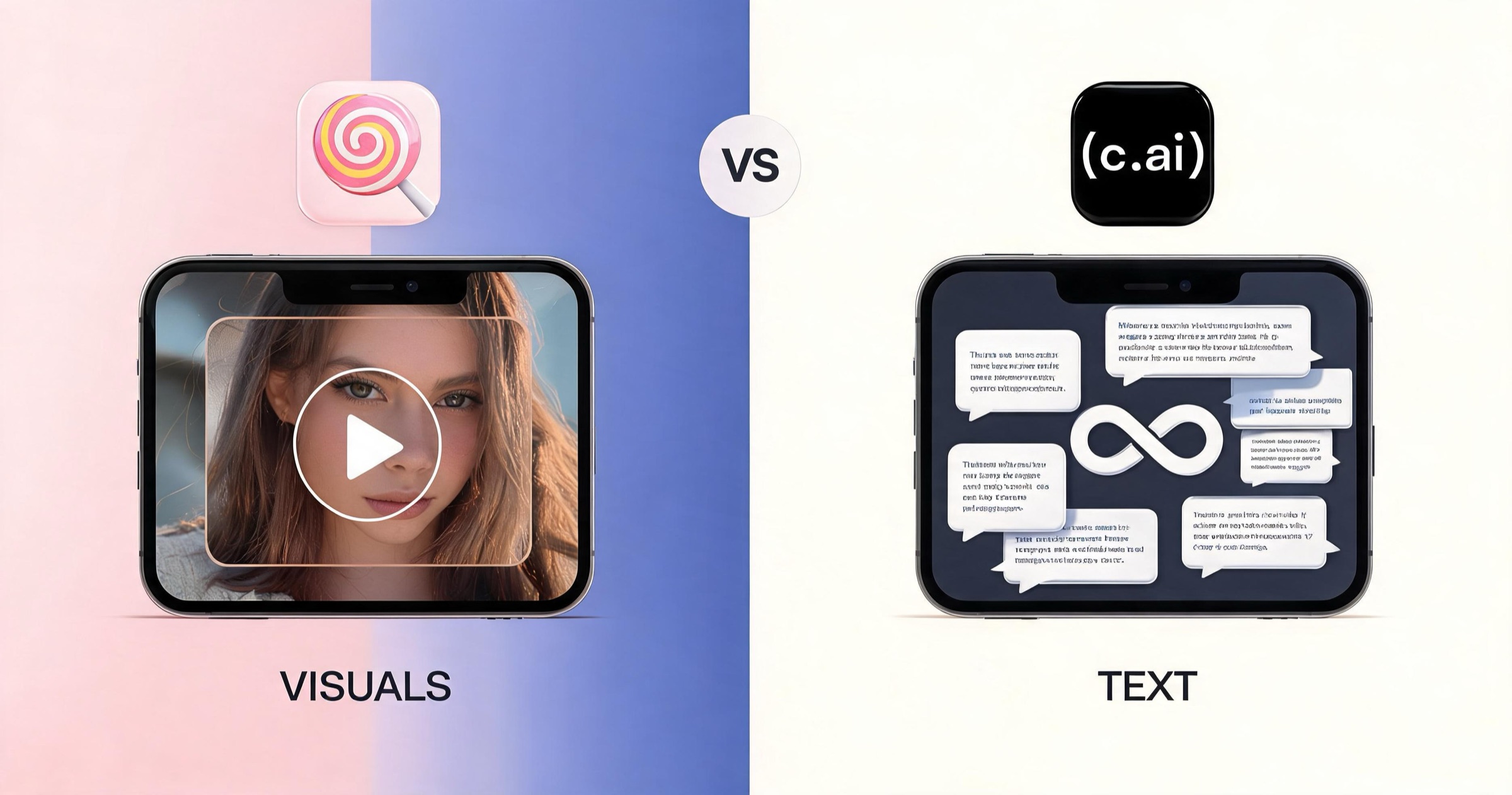 Split-screen comparison of visual-first Candy AI versus text-first Character.ai