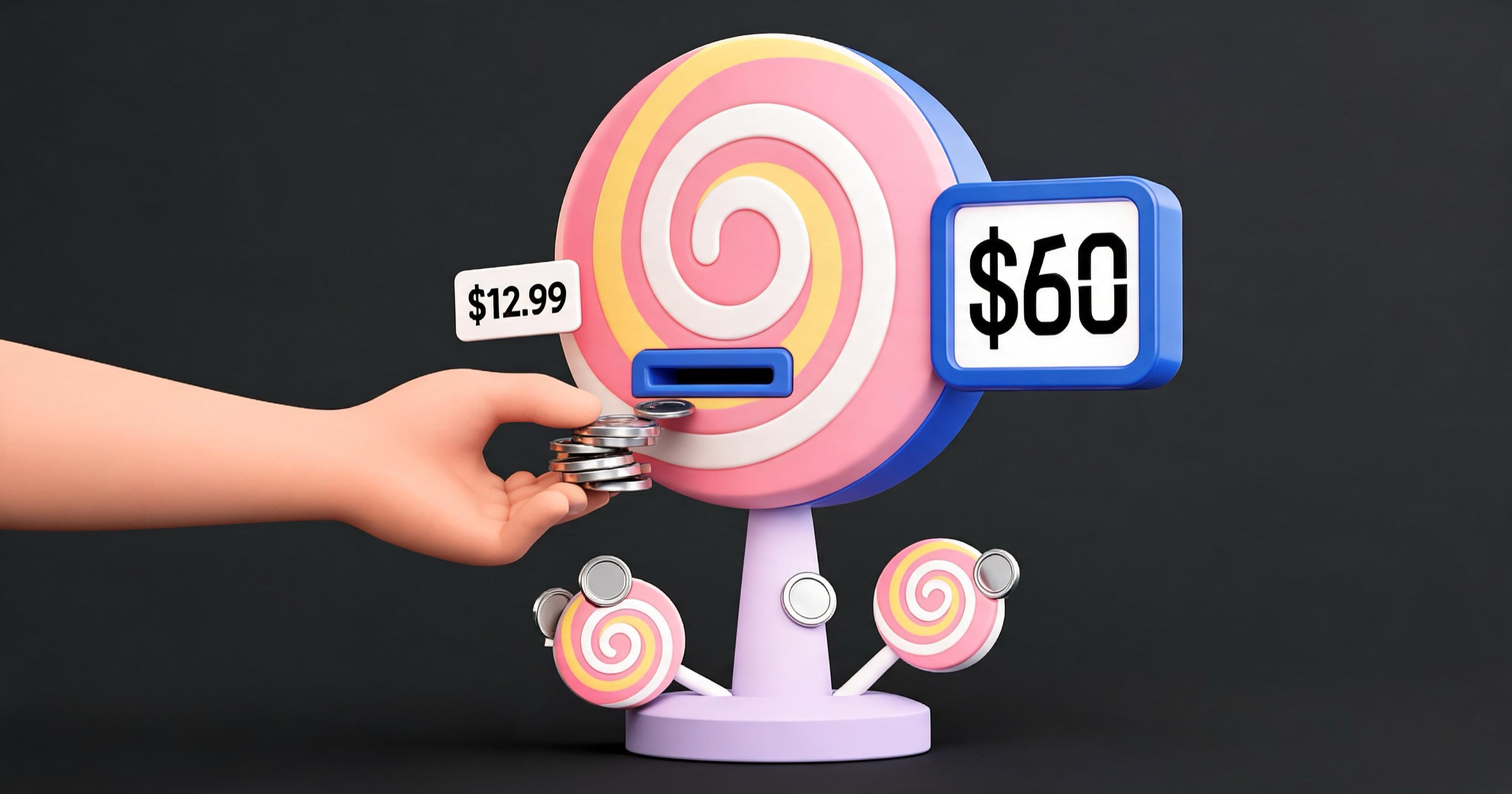 Meme of Candy AI as a coin-eating machine where the advertised $12.99 price balloons to $60 through token purchases