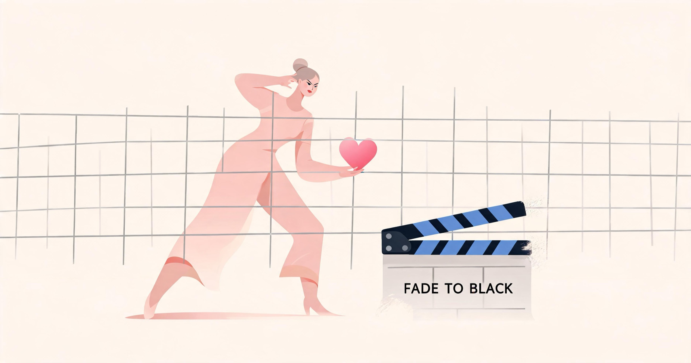 Illustration of a figure gracefully dancing around a laser-grid safety filter, using a fade-to-black approach to imply romance