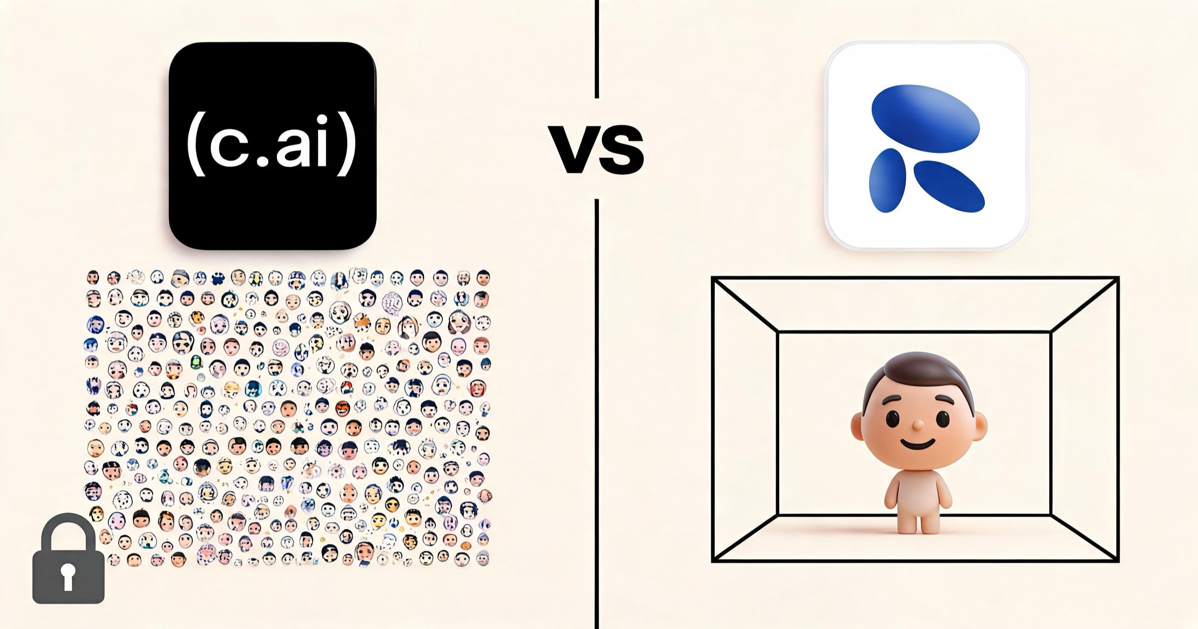 Split illustration contrasting Character.ai's many bots with Replika's single 3D avatar