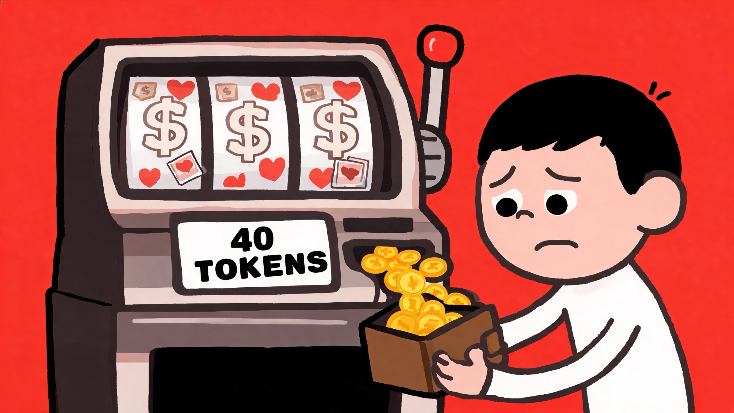 Meme of a slot machine labeled one image equals forty tokens spitting out money, illustrating the AI girlfriend token trap