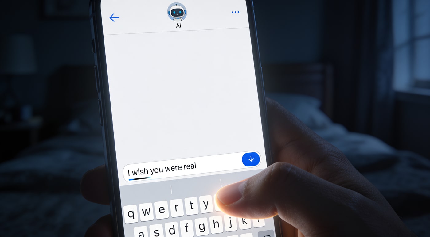 A phone at night showing an AI companion chat, with the unsent draft "I wish you were real" typed in the message box and about to be deleted