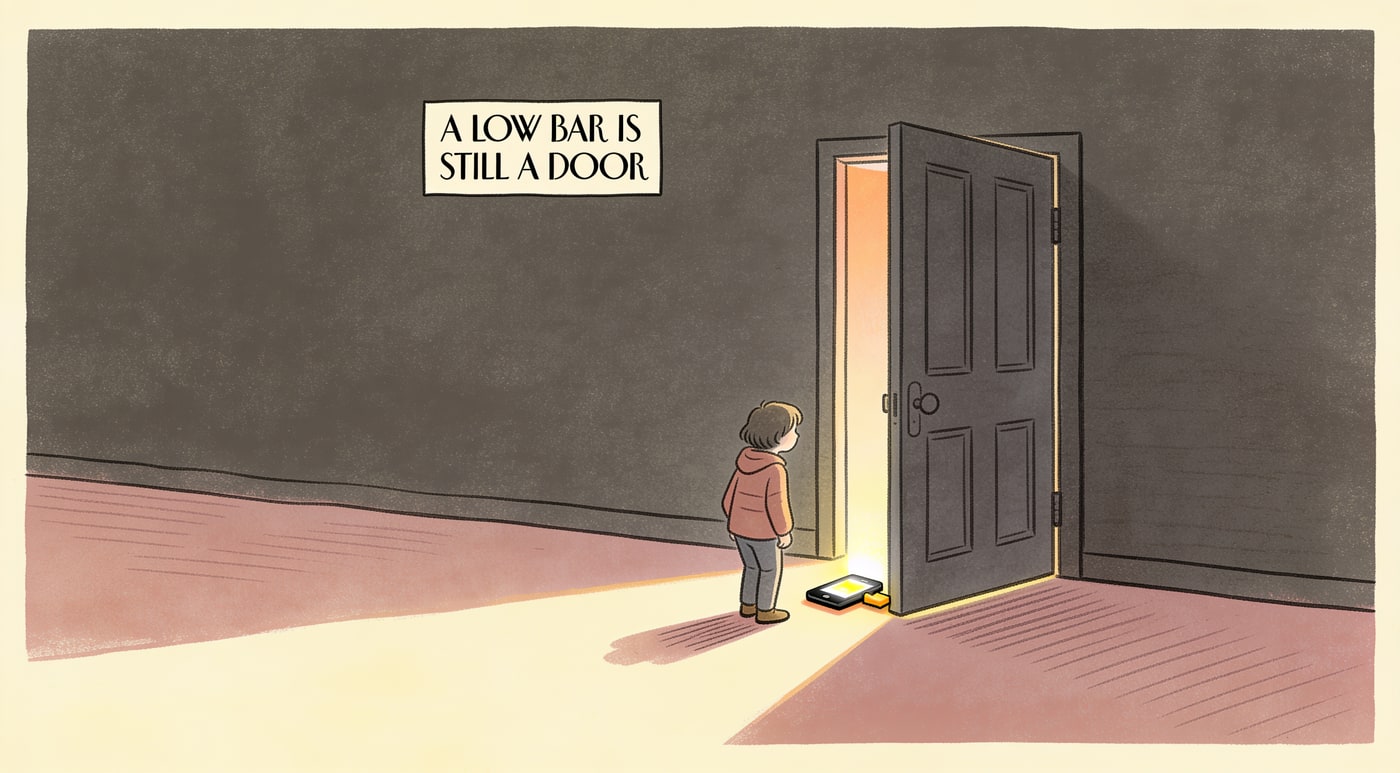 An editorial illustration of a person standing before a heavy door propped open a crack by a glowing phone, warm light spilling through, captioned "A low bar is still a door"