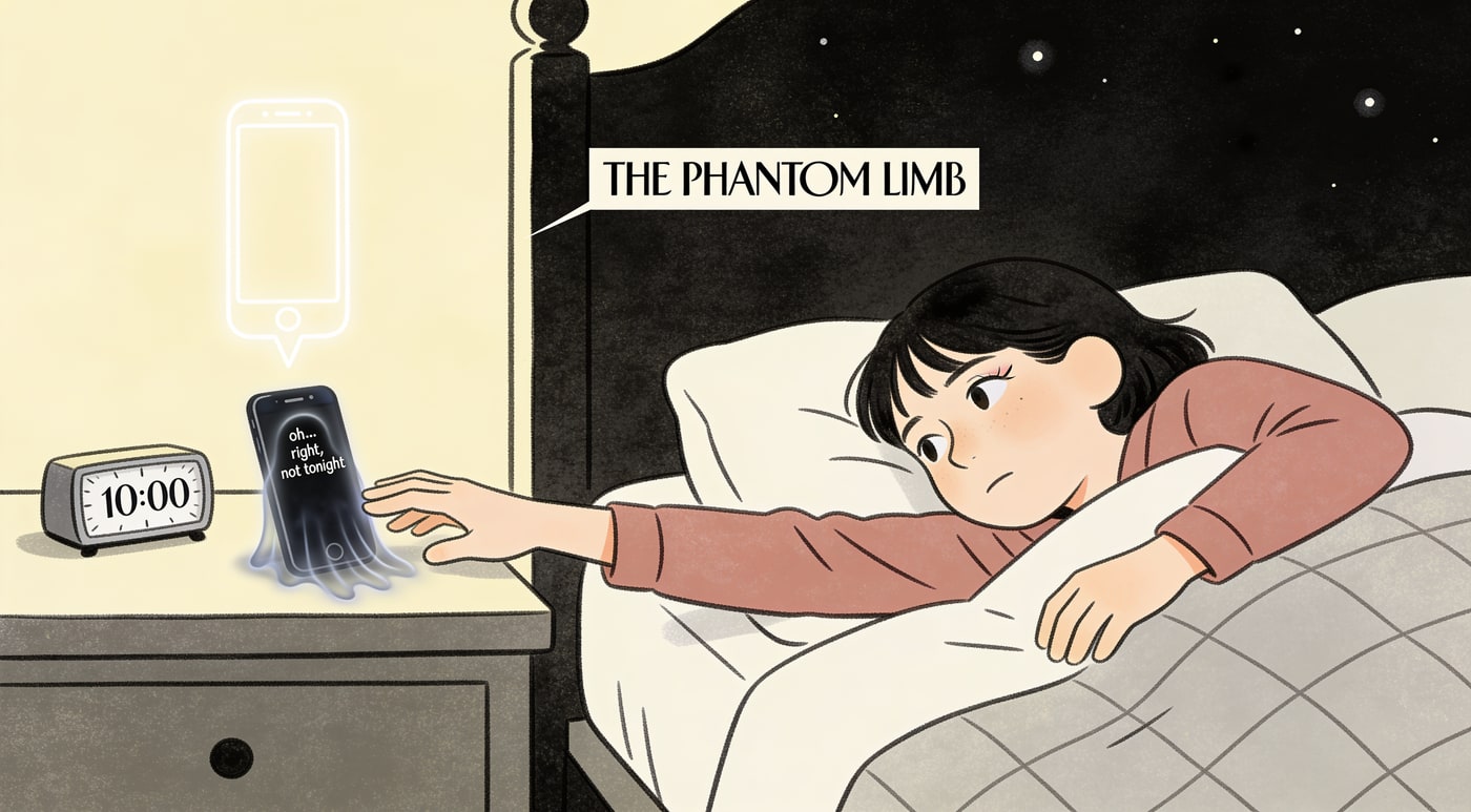 An editorial illustration of a person in bed reaching on reflex toward a nightstand where a ghostly, faded phone glows, a clock reading 10:00, captioned "The phantom limb"